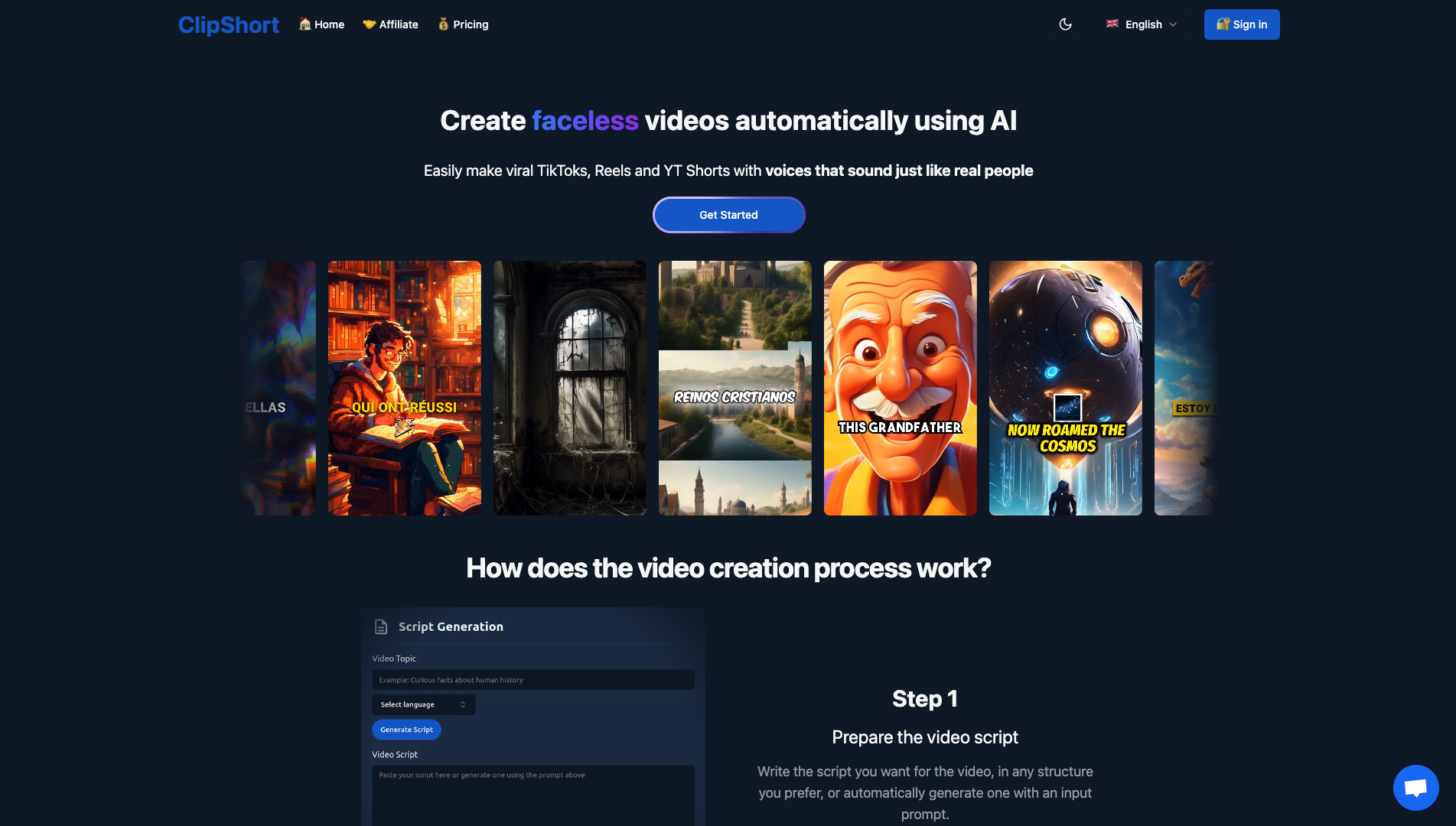 Screenshot of the ClipShort website