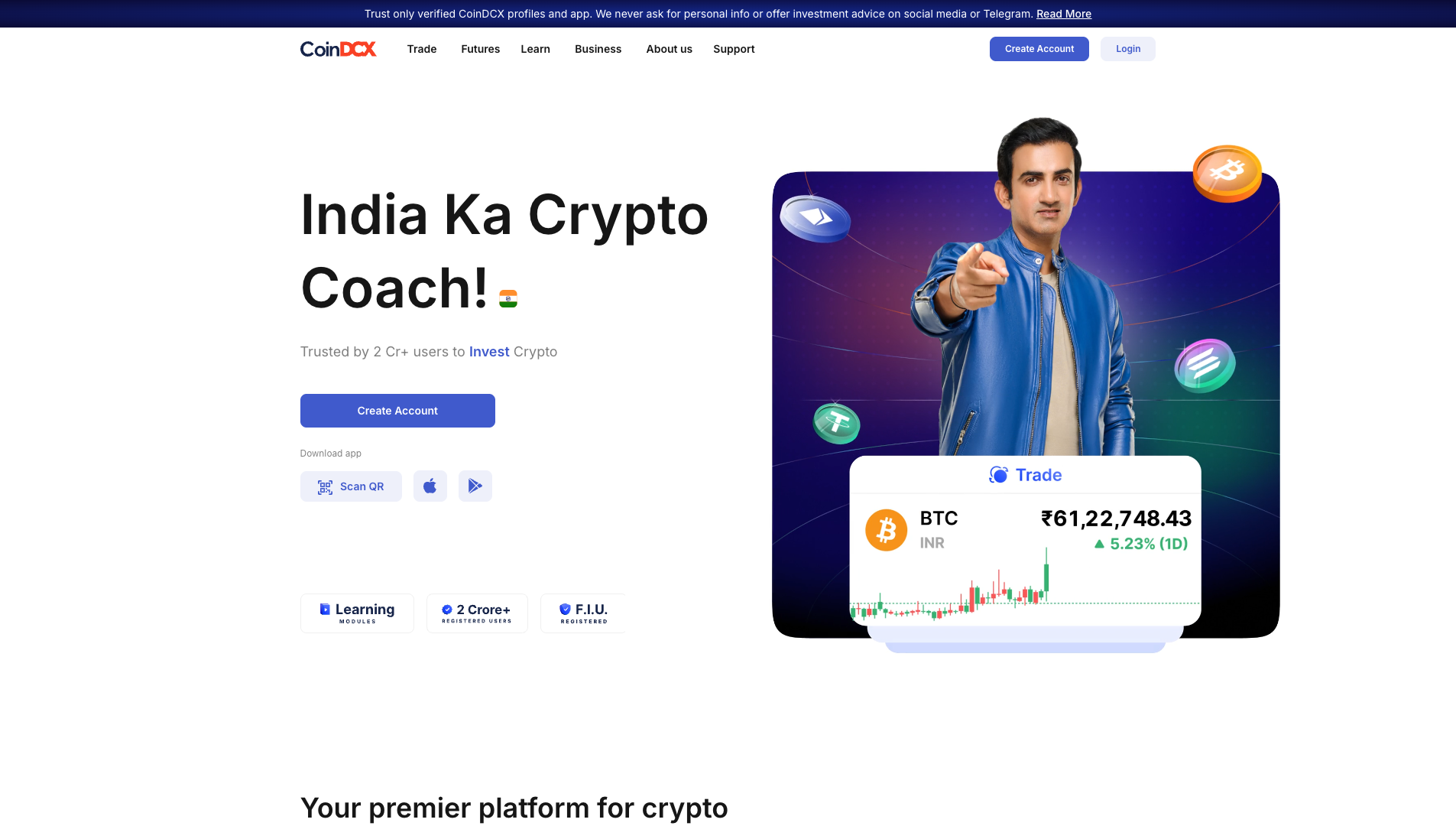 Screenshot of the CoinDCX website