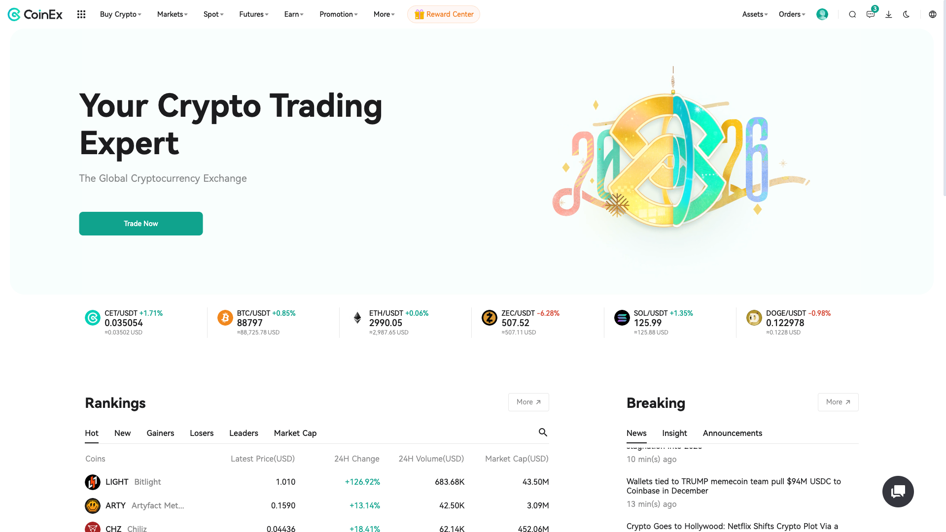 Screenshot of the CoinEx website