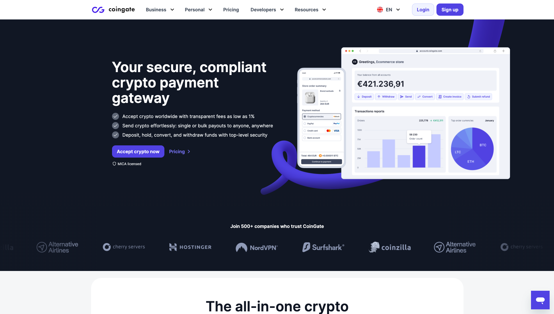 Screenshot of the CoinGate website