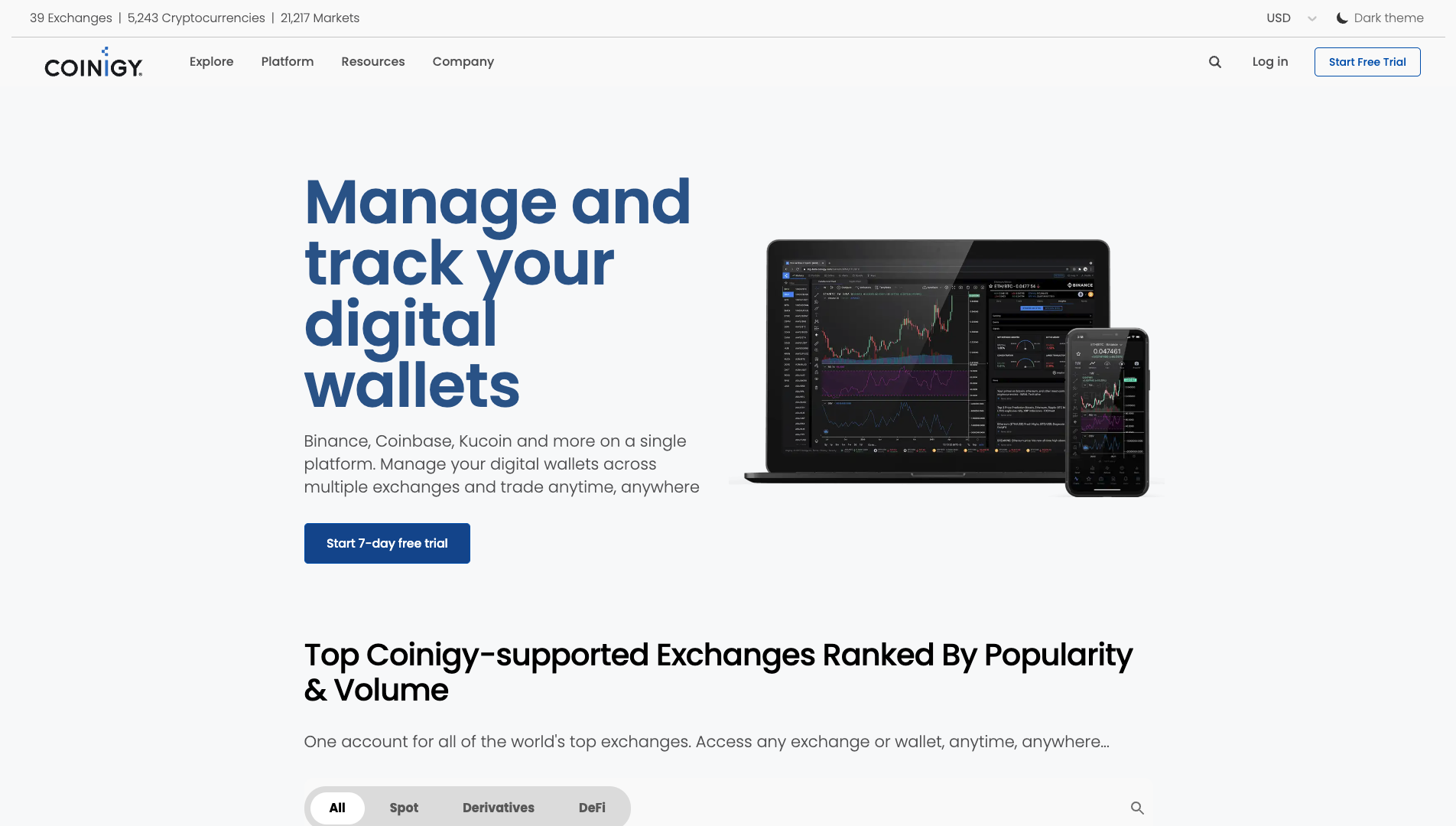 Screenshot of the Coinigy website