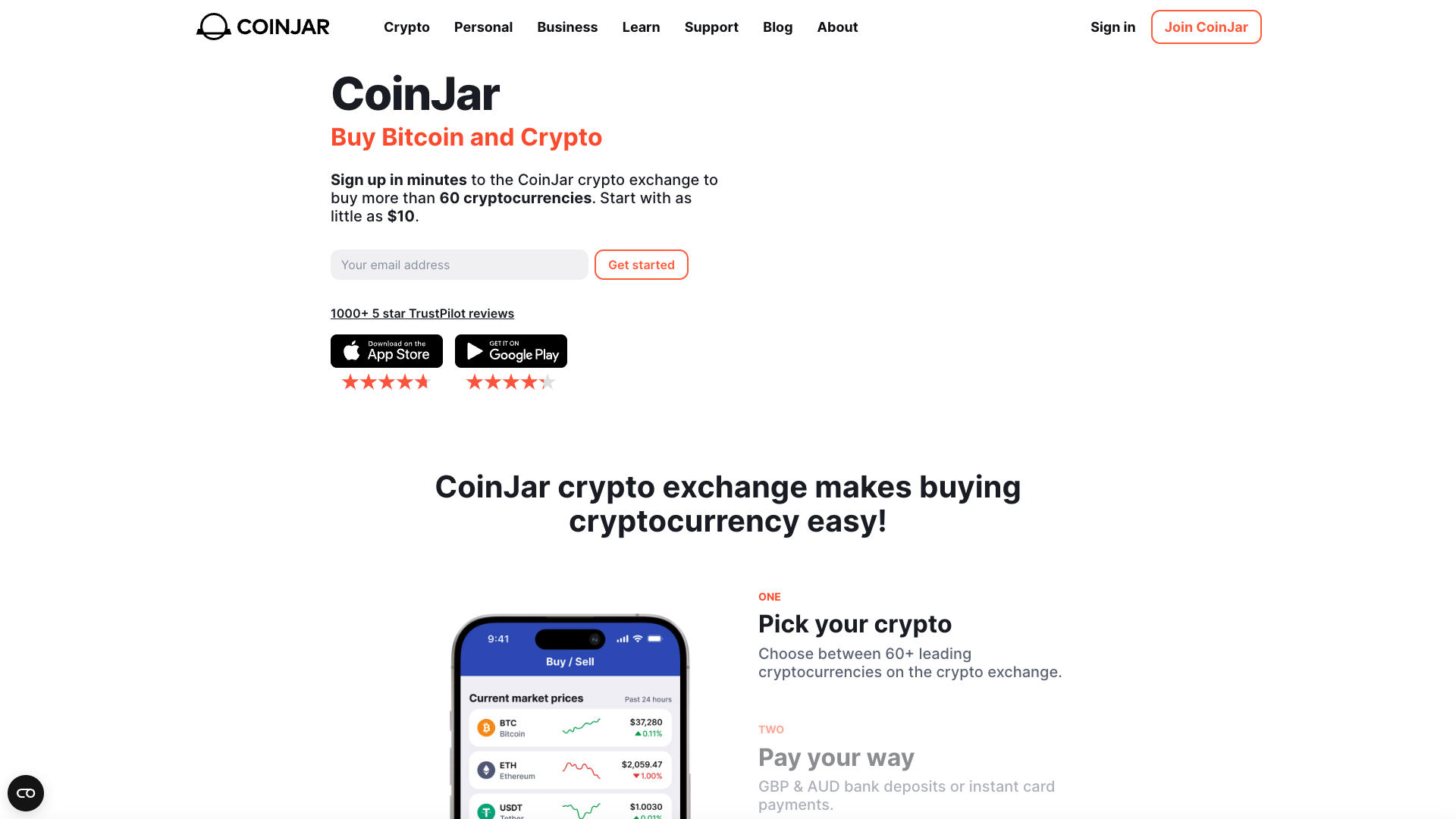 Screenshot of the CoinJar website