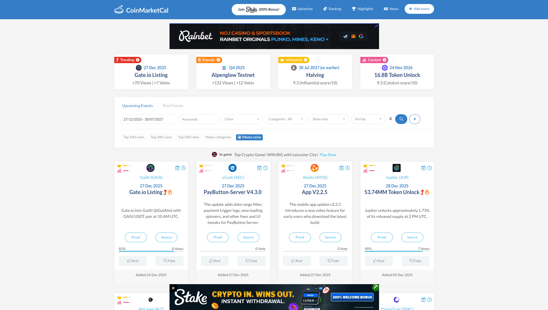 Screenshot of the CoinMarketCal website