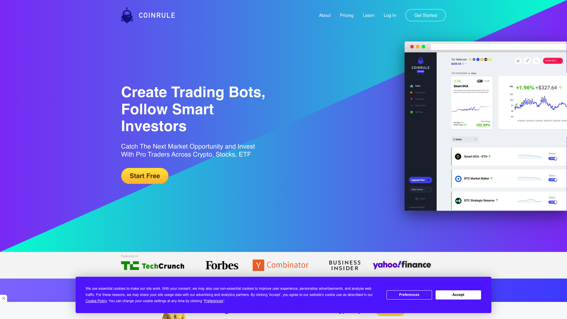 Screenshot of the Coinrule website