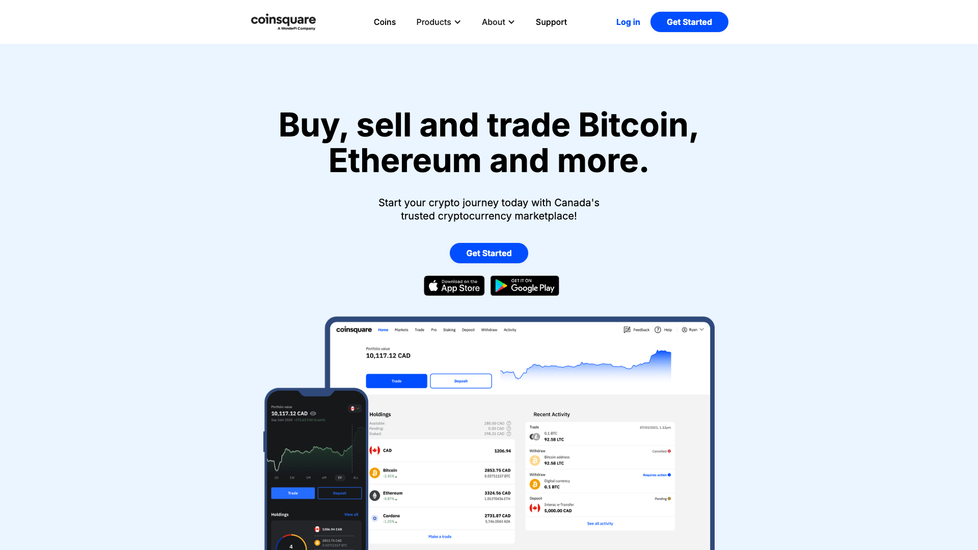 Screenshot of the Coinsquare website