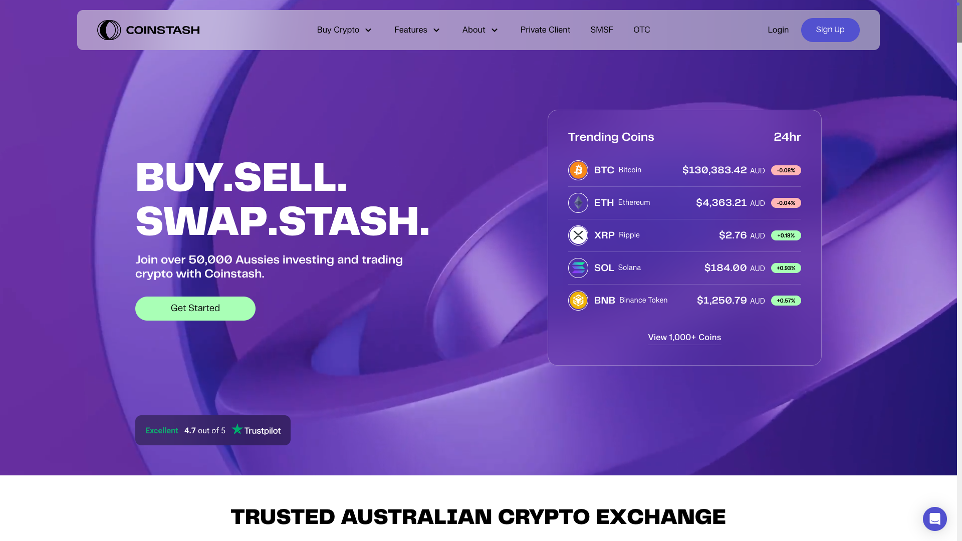 Screenshot of the Coinstash website