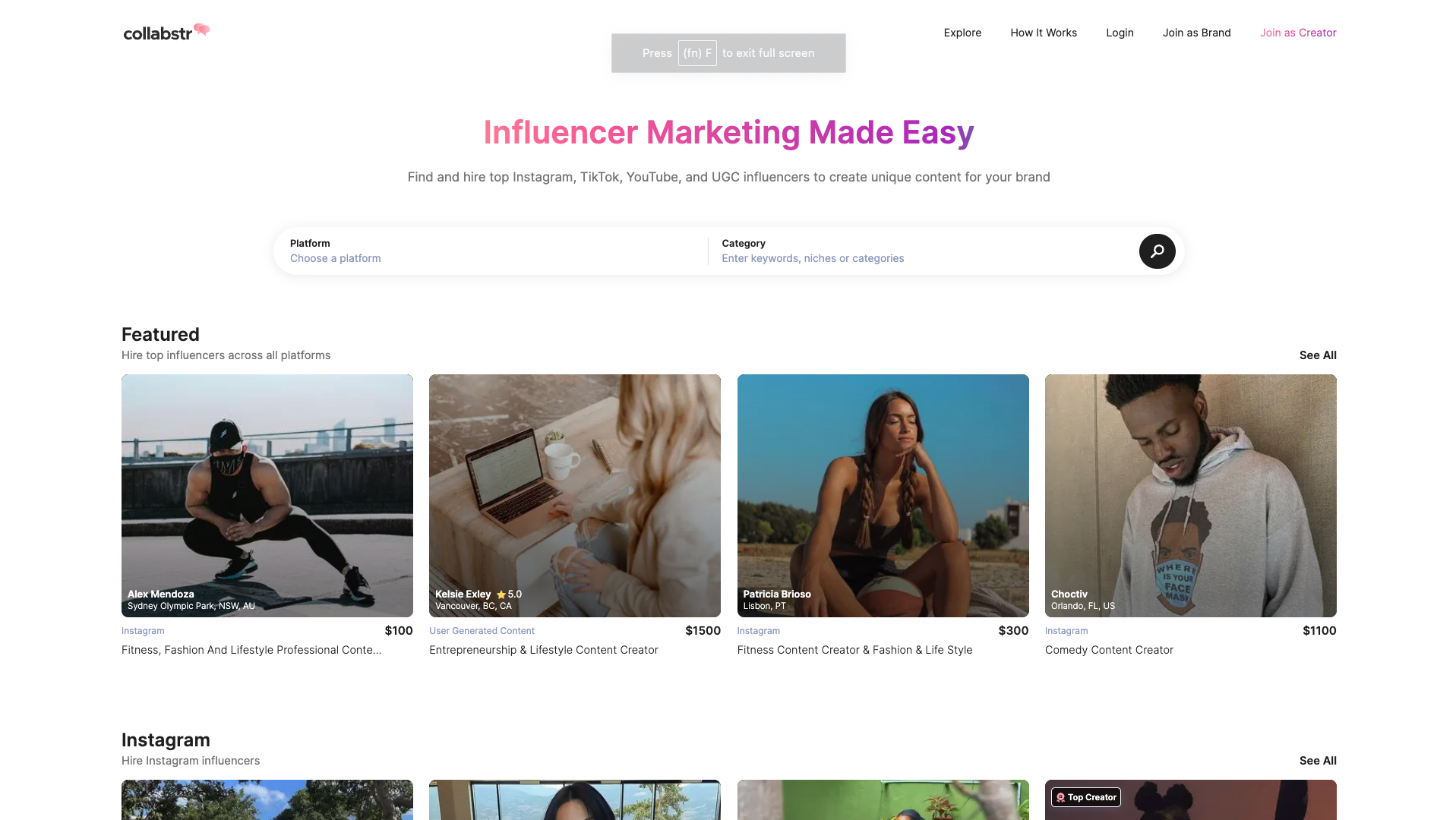 Screenshot of the Collabstr website