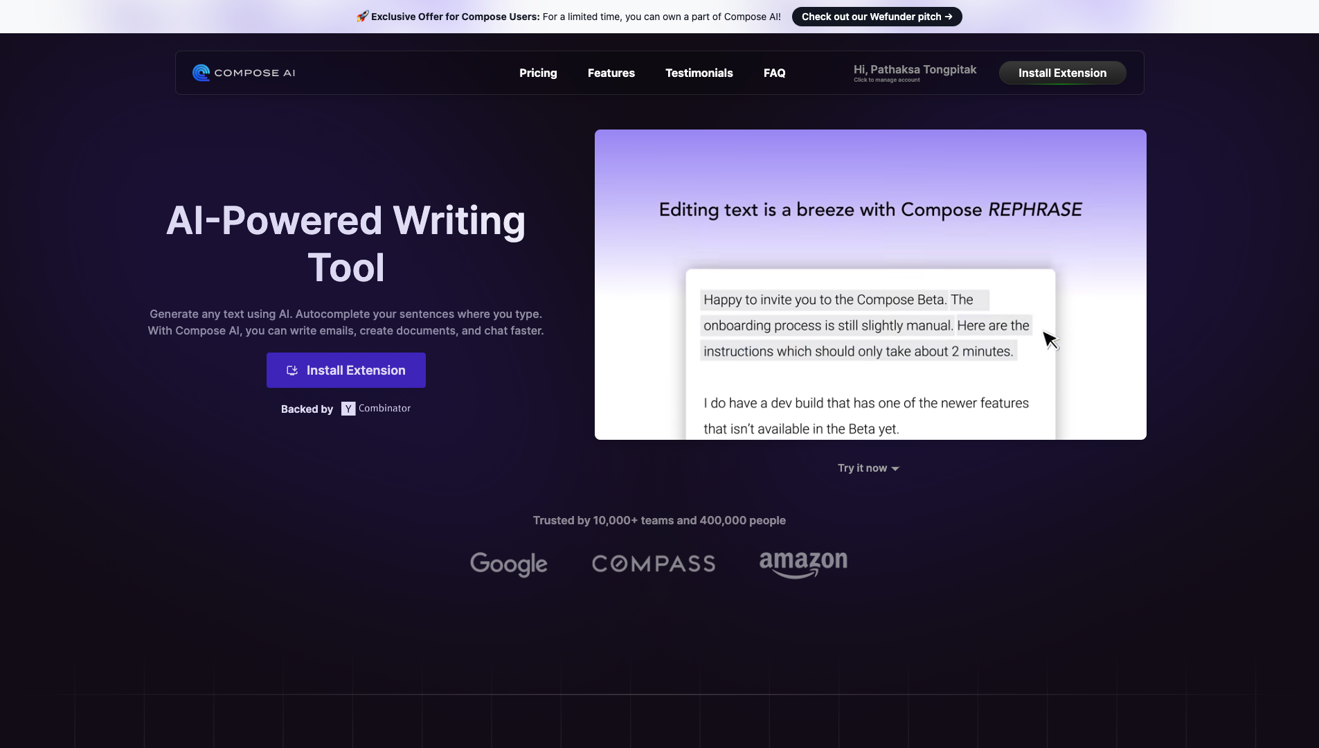 Screenshot of Compose.ai Homepage