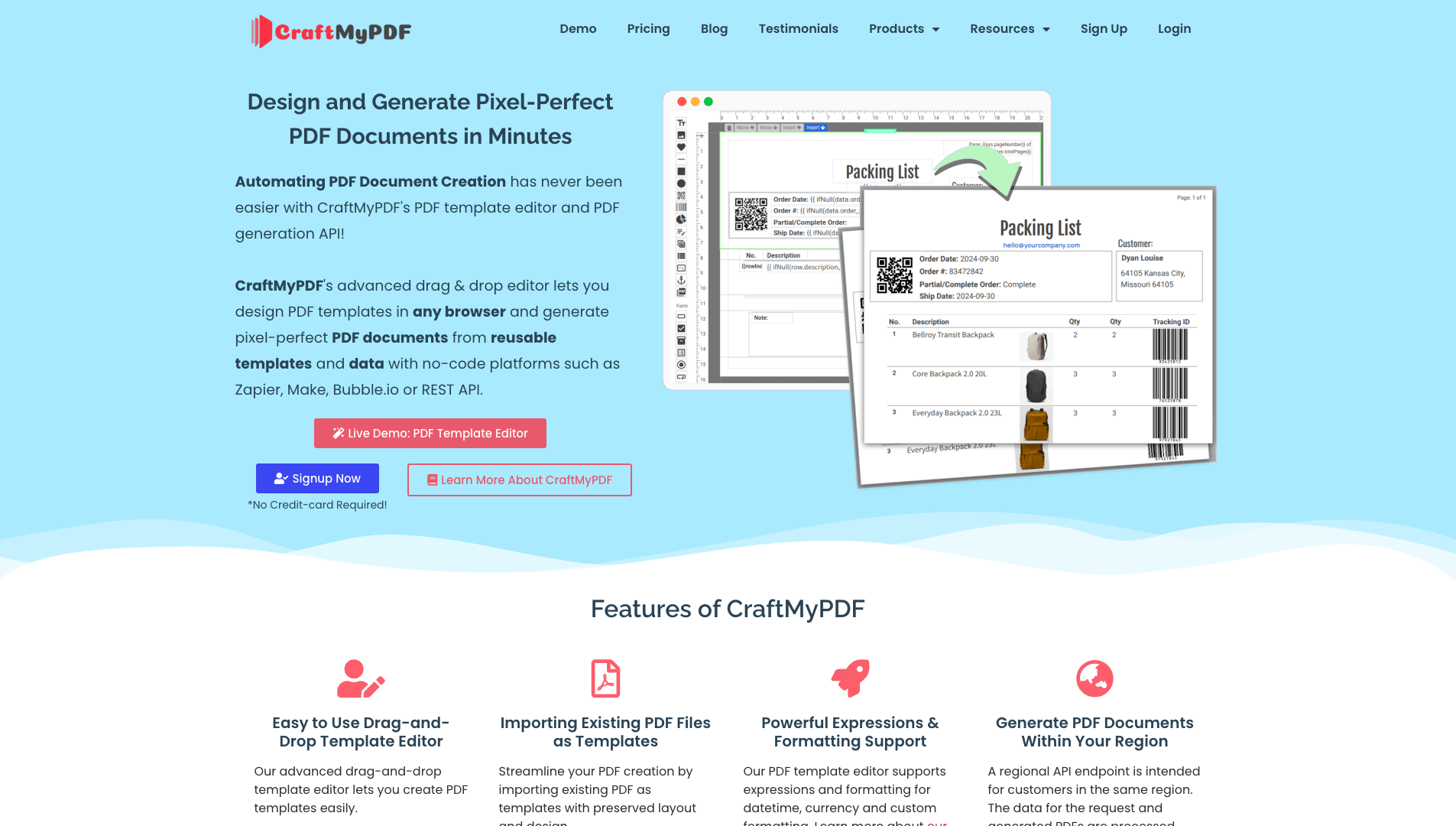 Screenshot of CraftMyPDF Homepage