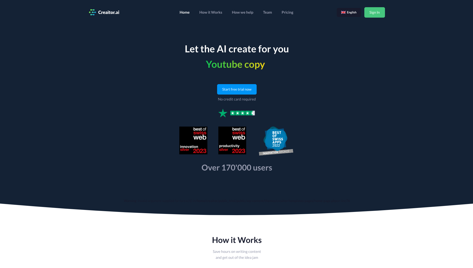 Screenshot of the Creaitor.ai website
