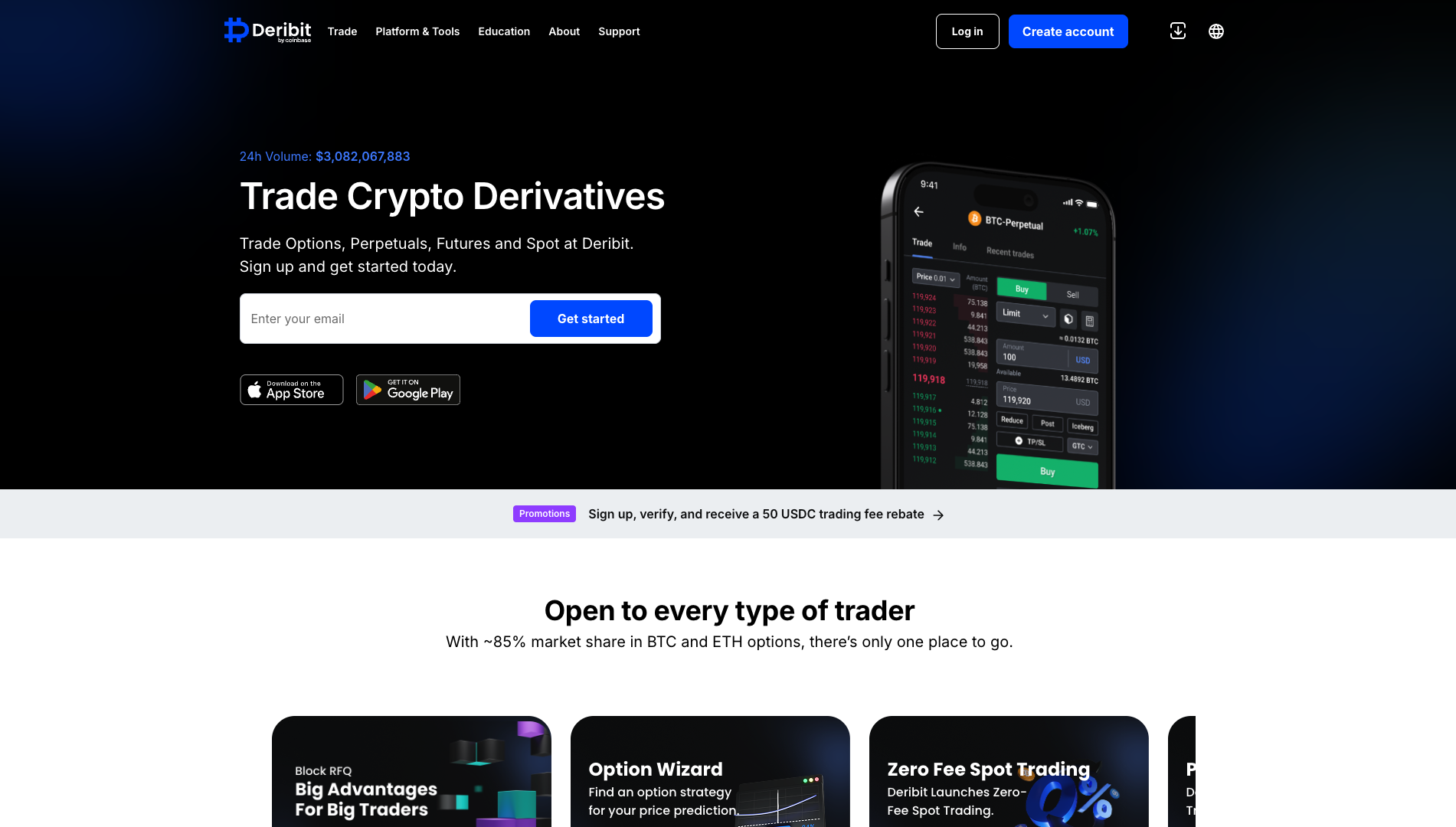 Screenshot of the Deribit website