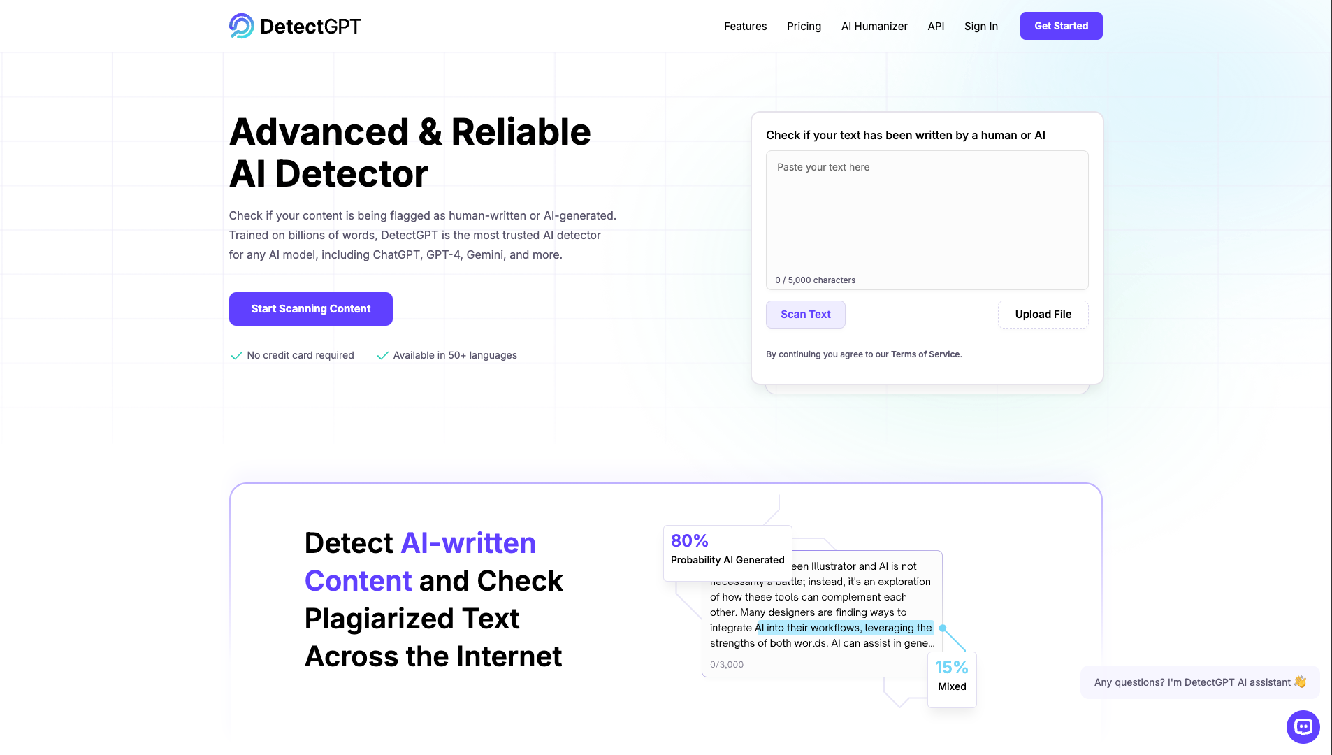 Screenshot of DetectGPT Homepage