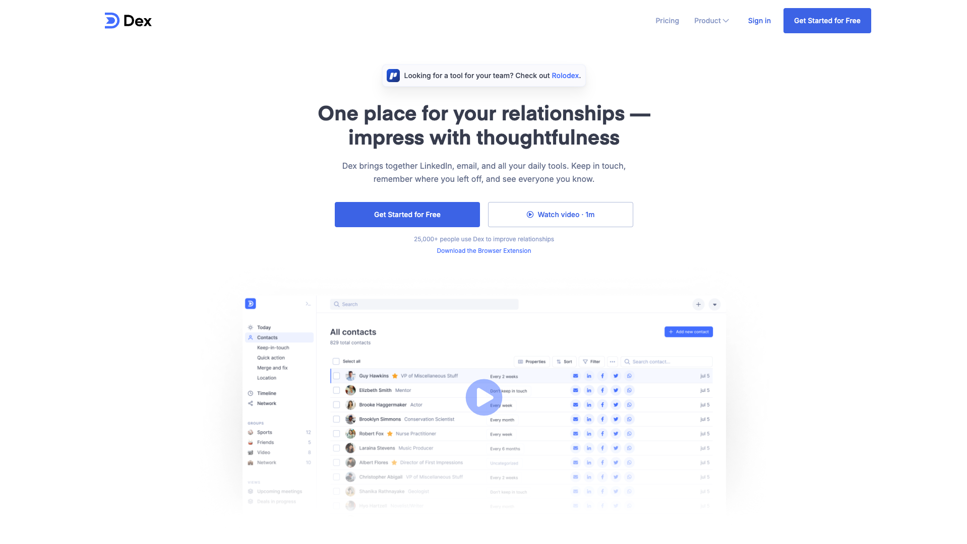 Screenshot of the Dex website