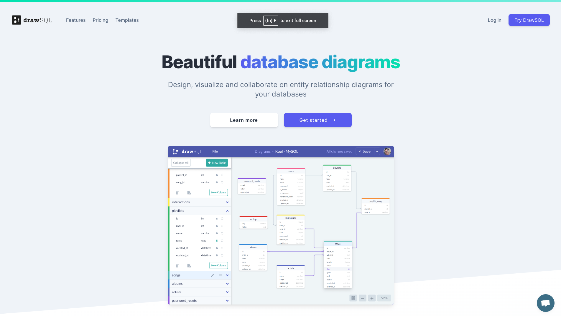 Screenshot of DrawSQL Homepage