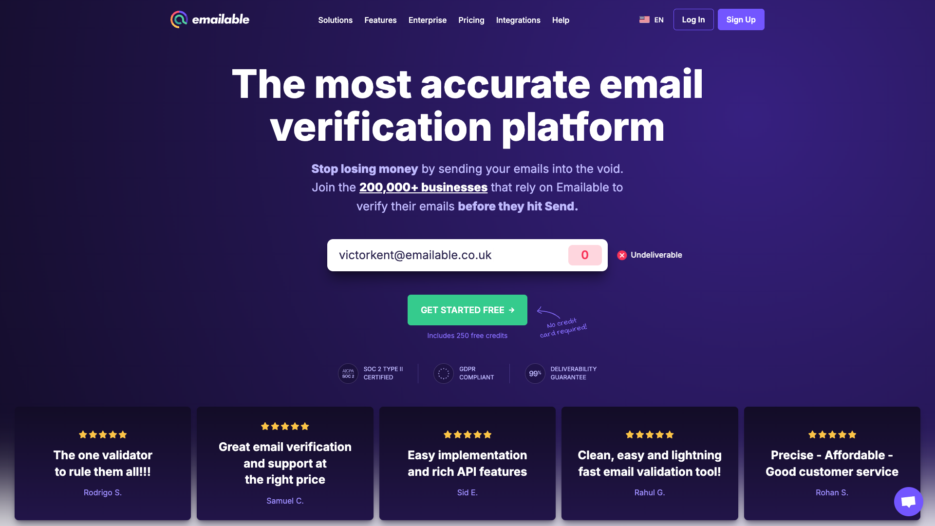 Screenshot of Emailable Homepage