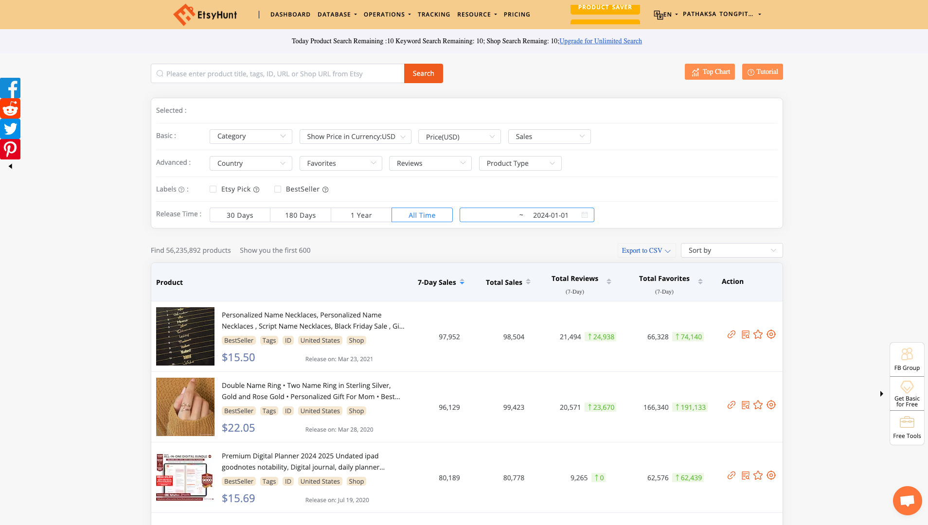 Etsy Product Database