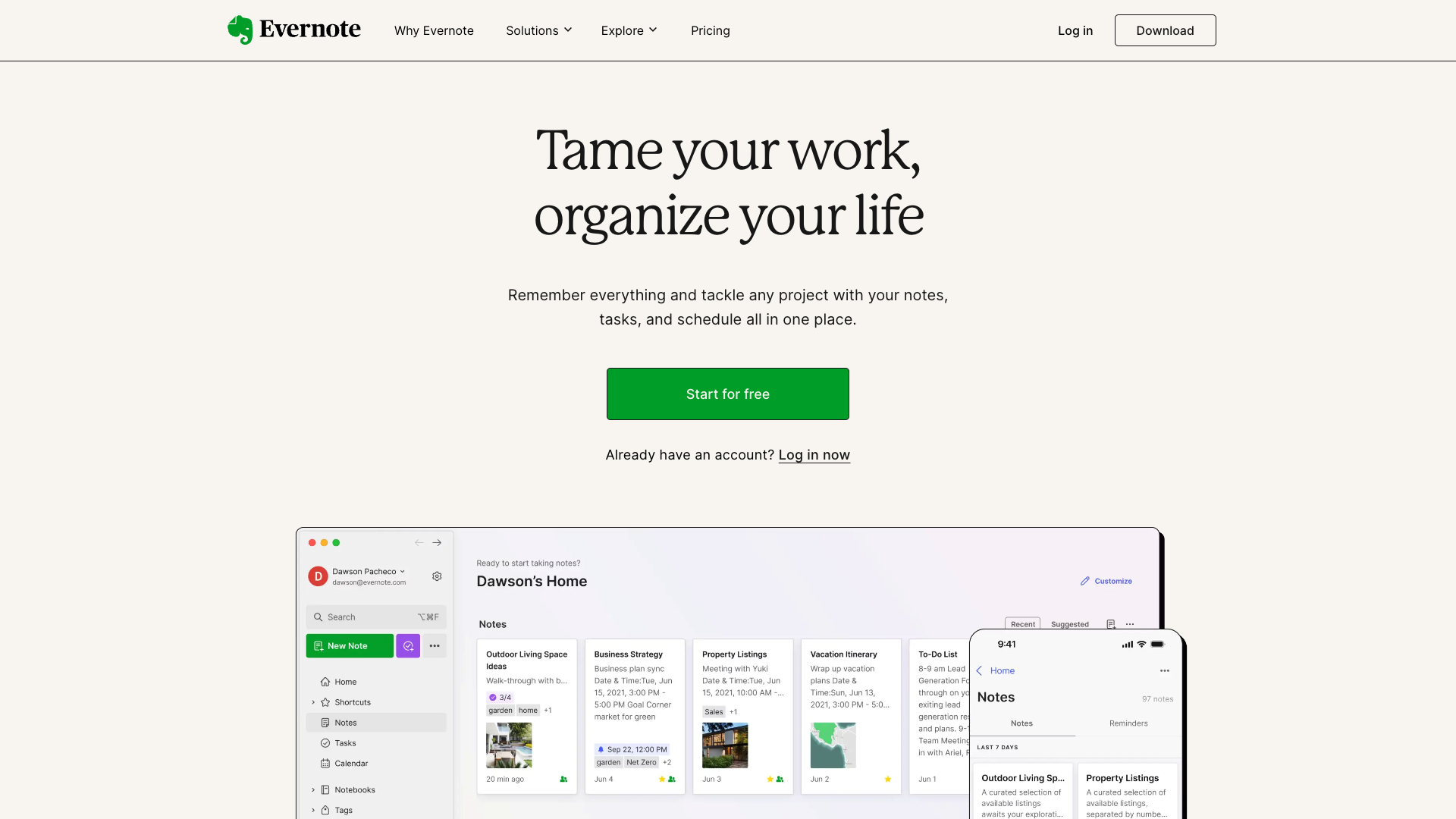 Screenshot of Evernote Homepage