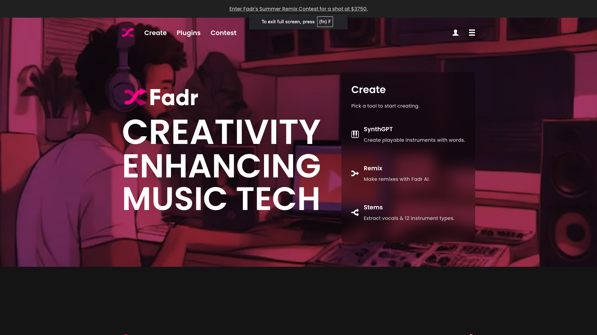 Screenshot of the Fadr website