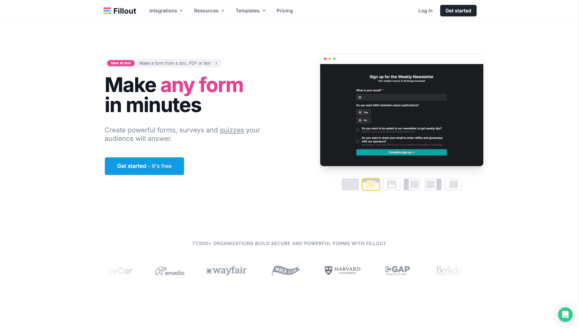 Screenshot of the Fillout website