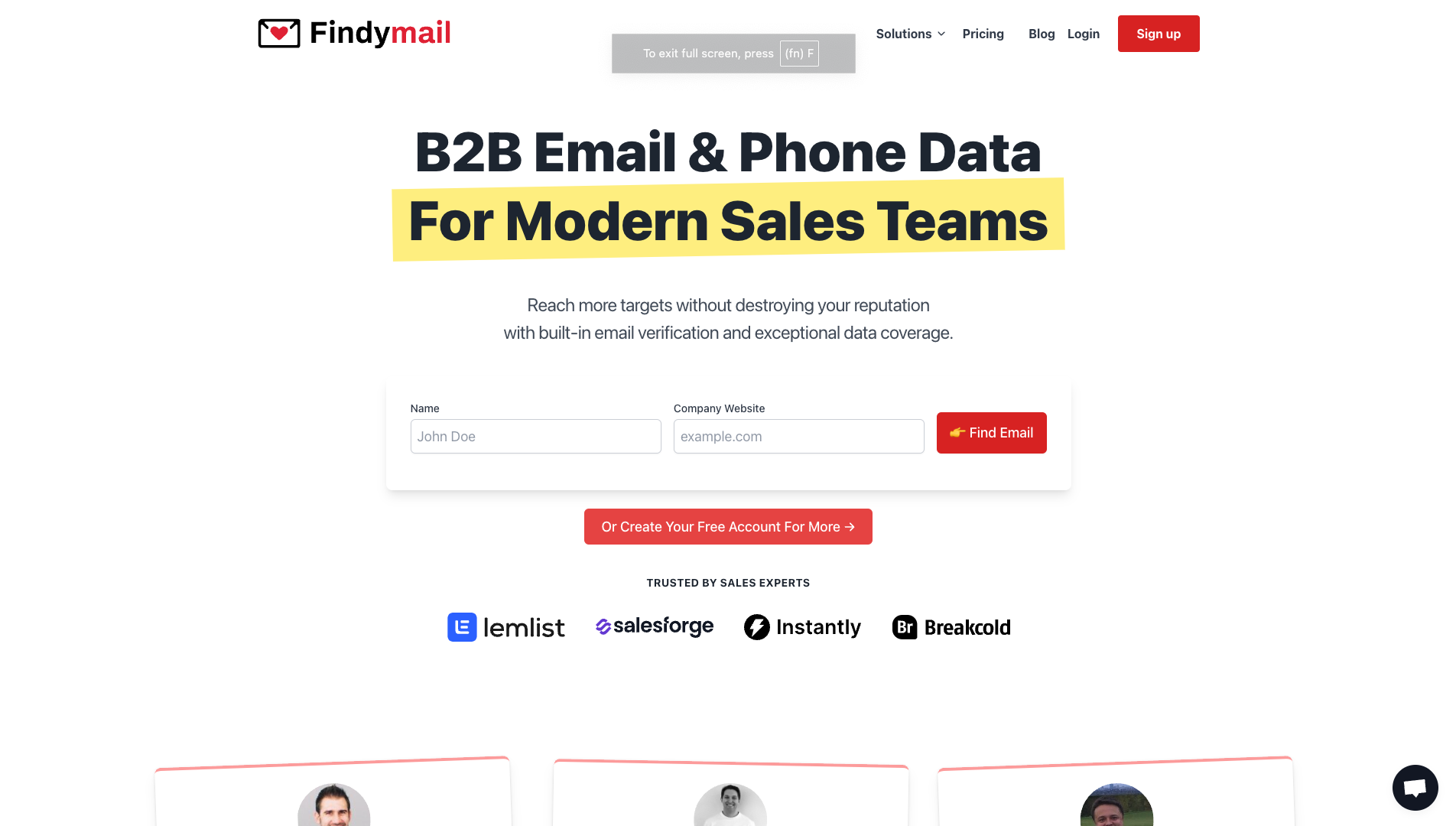 Screenshot of the Findymail website