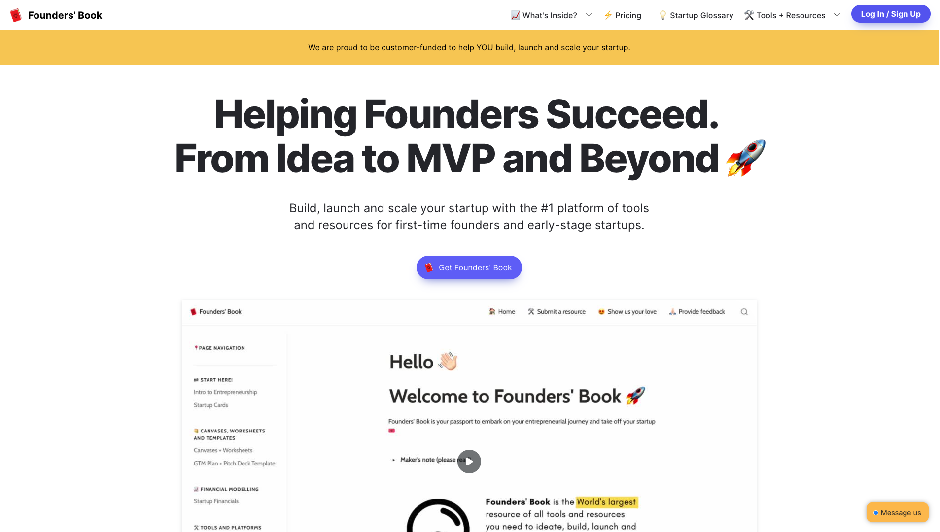 Screenshot of Founders' Book Homepage