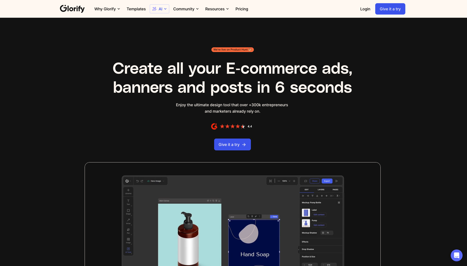 Screenshot of the Glorify website