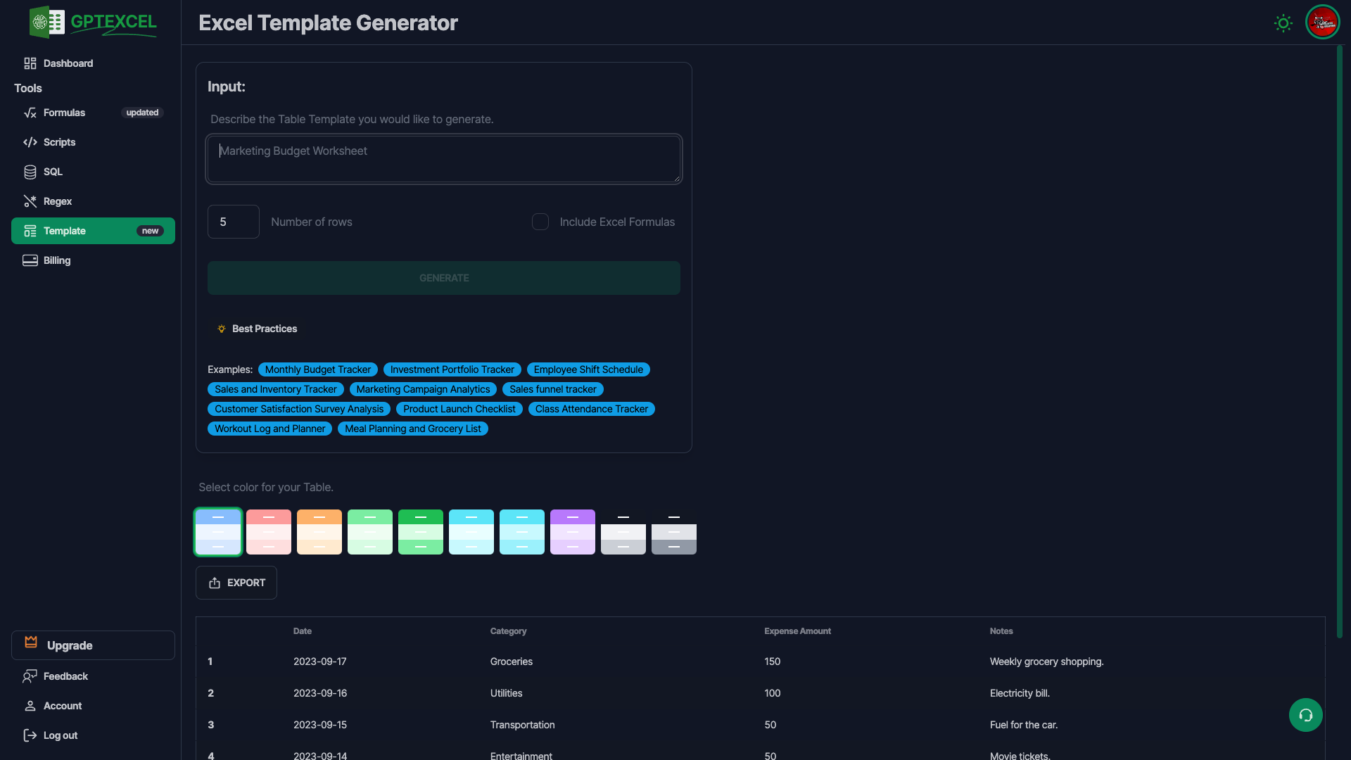 Excel Template Generator