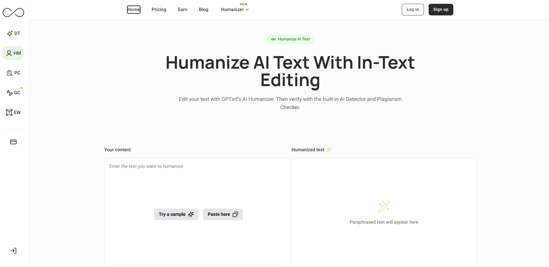 Screenshot of the GPTinf AI Humanizer website