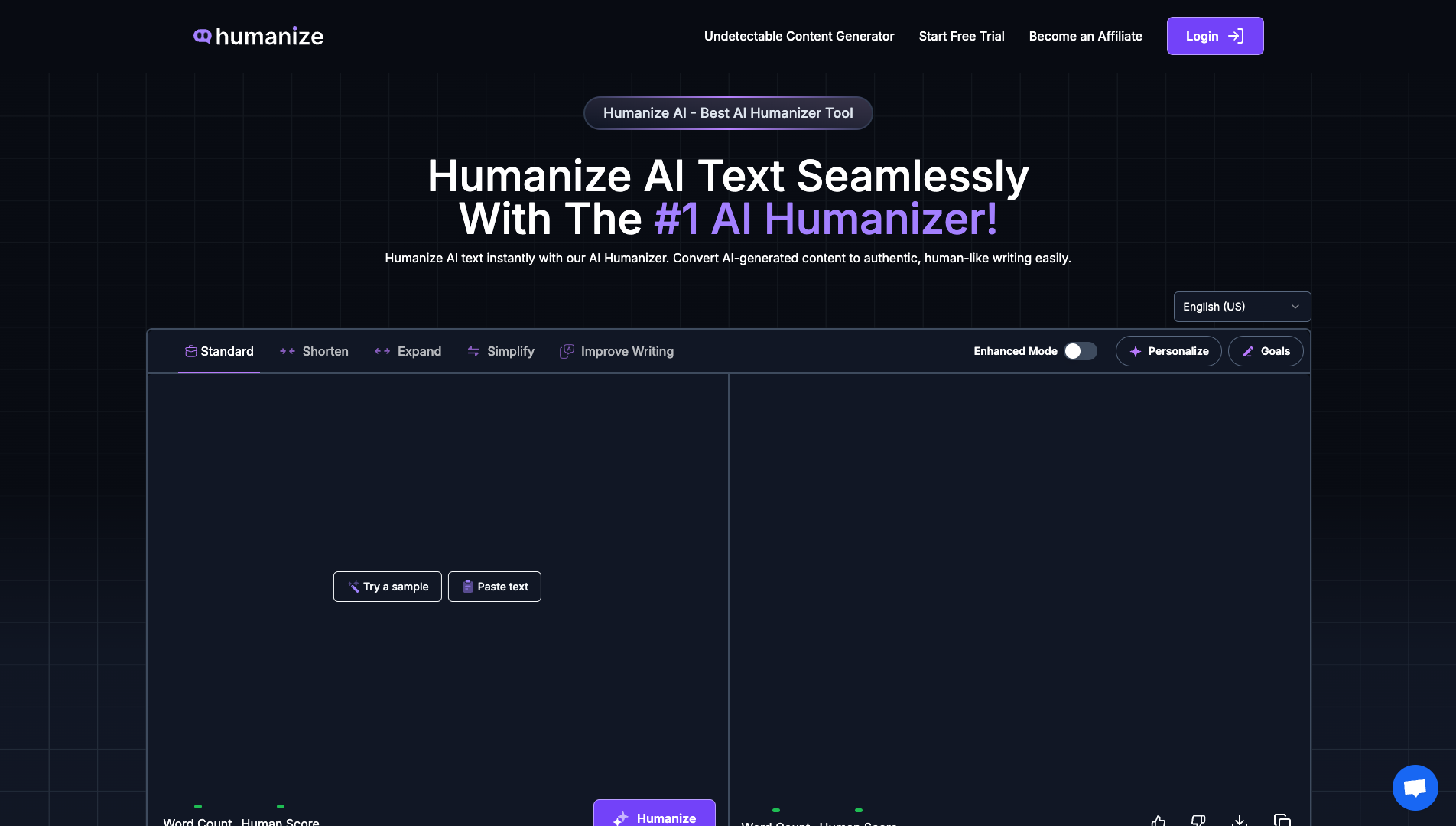 Screenshot of the Humanize website