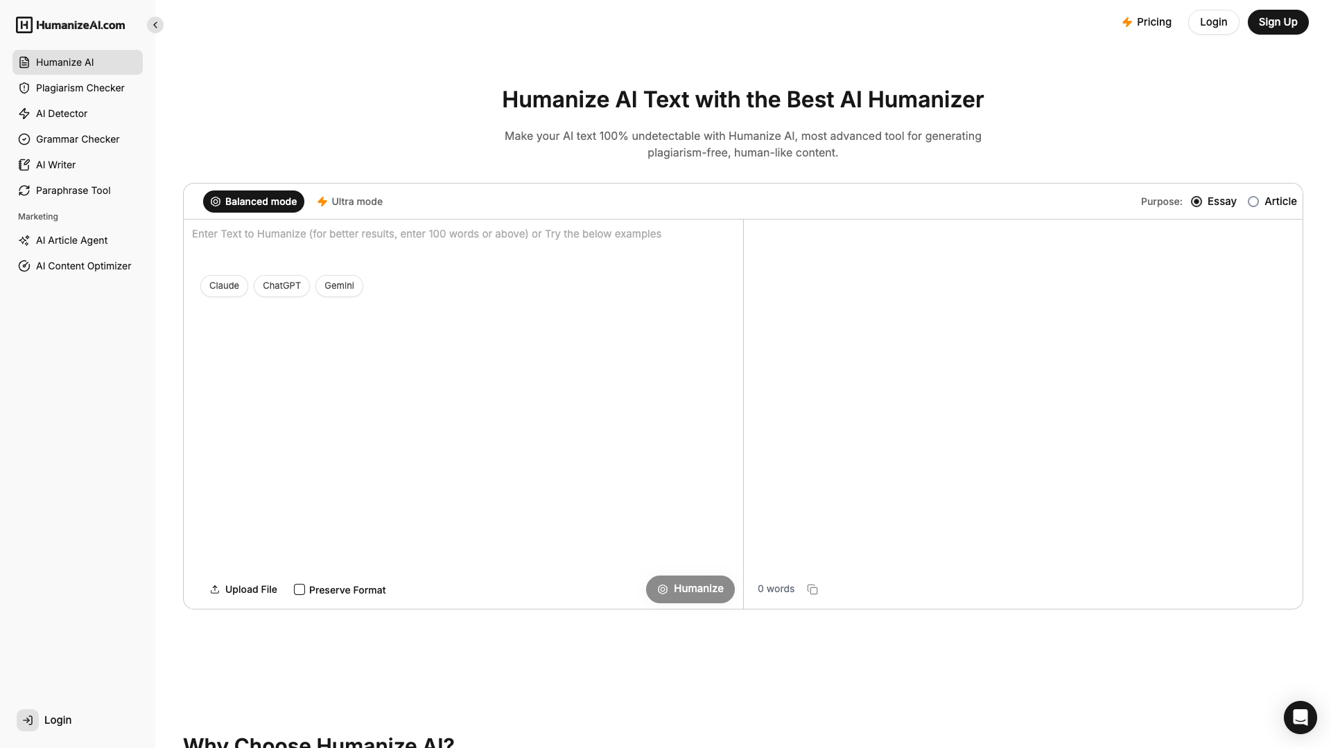 Screenshot of the HumanizeAI website