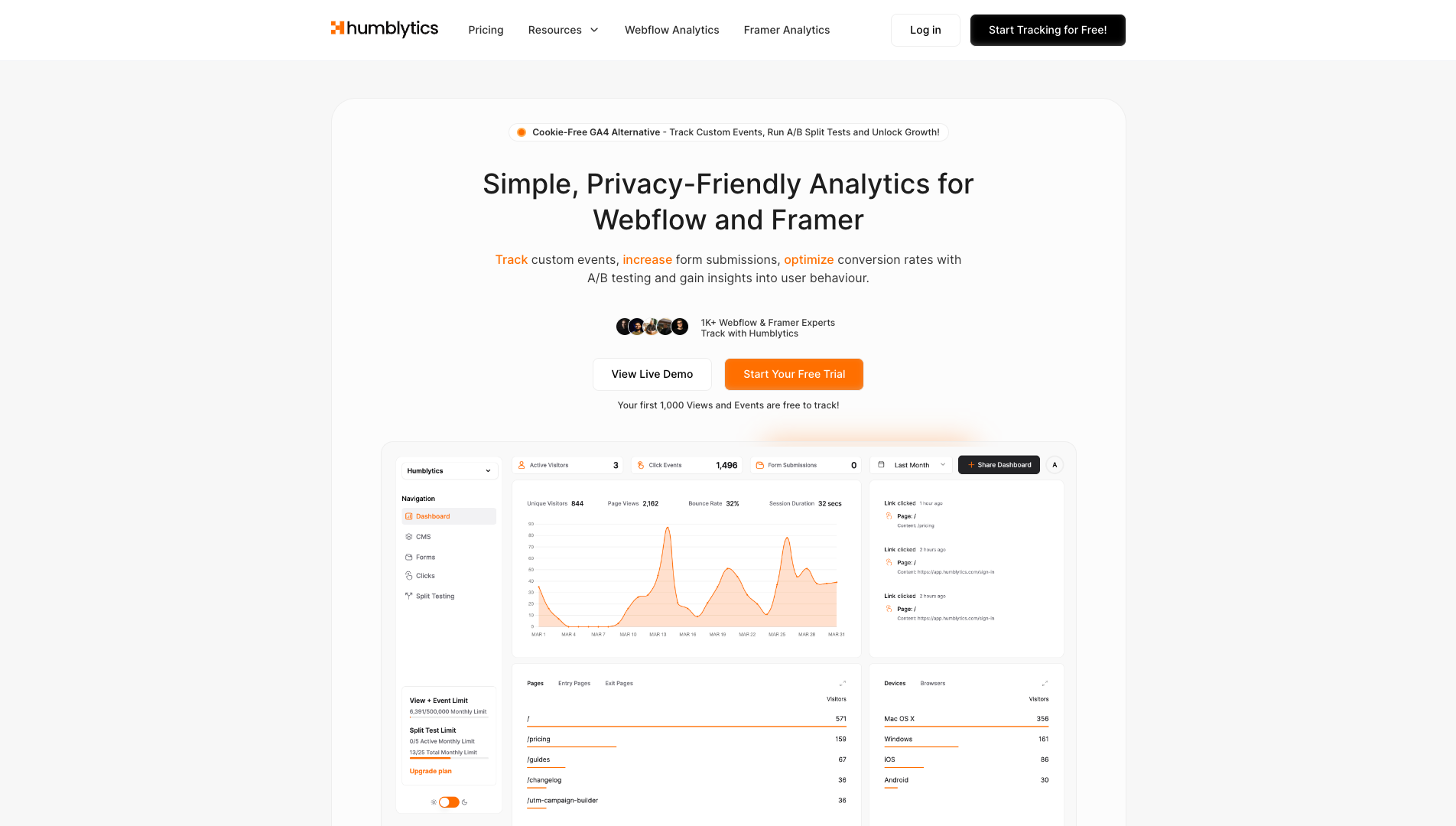 Screenshot of the Humblytics website