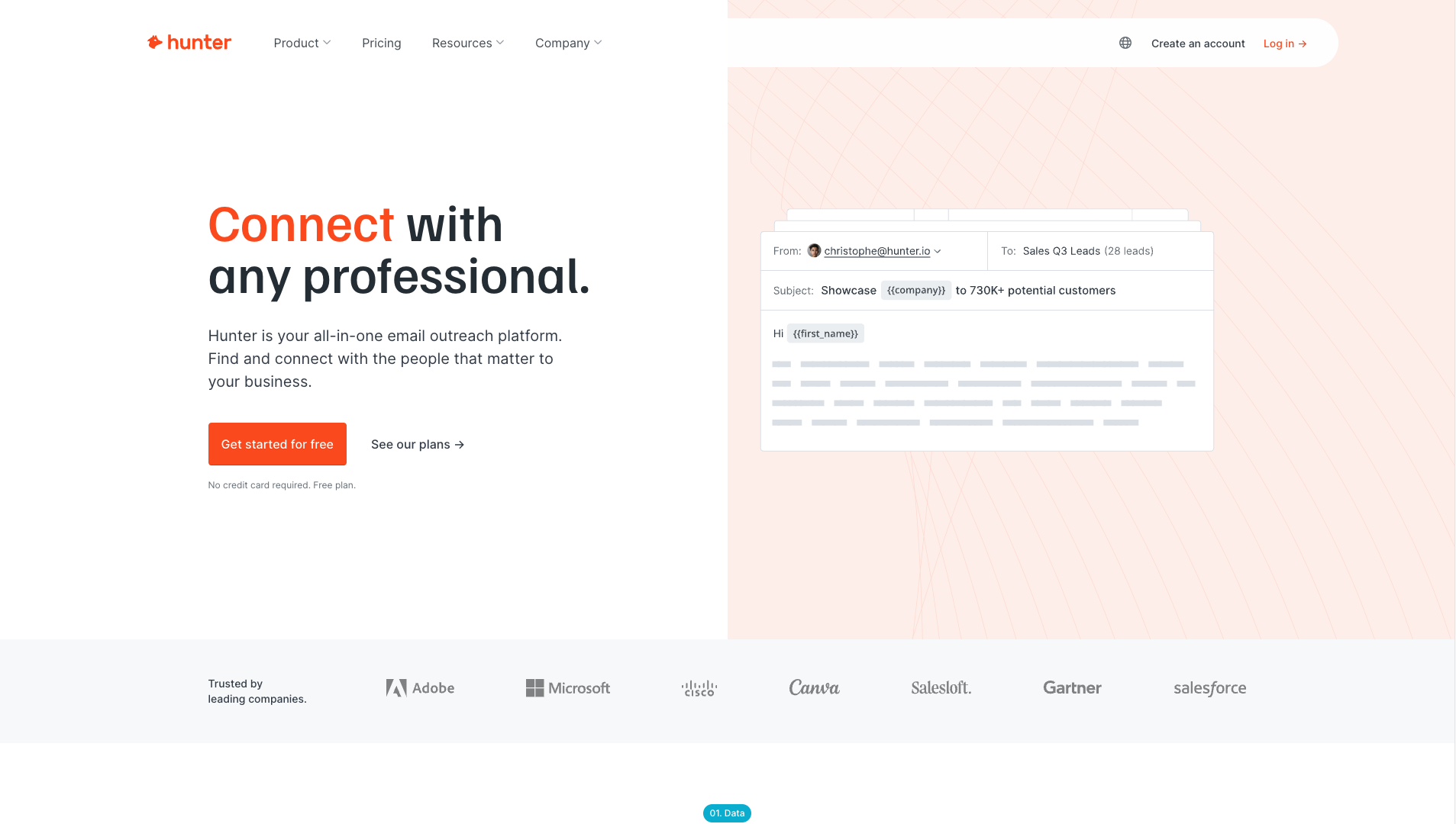 Screenshot of the Hunter.io website