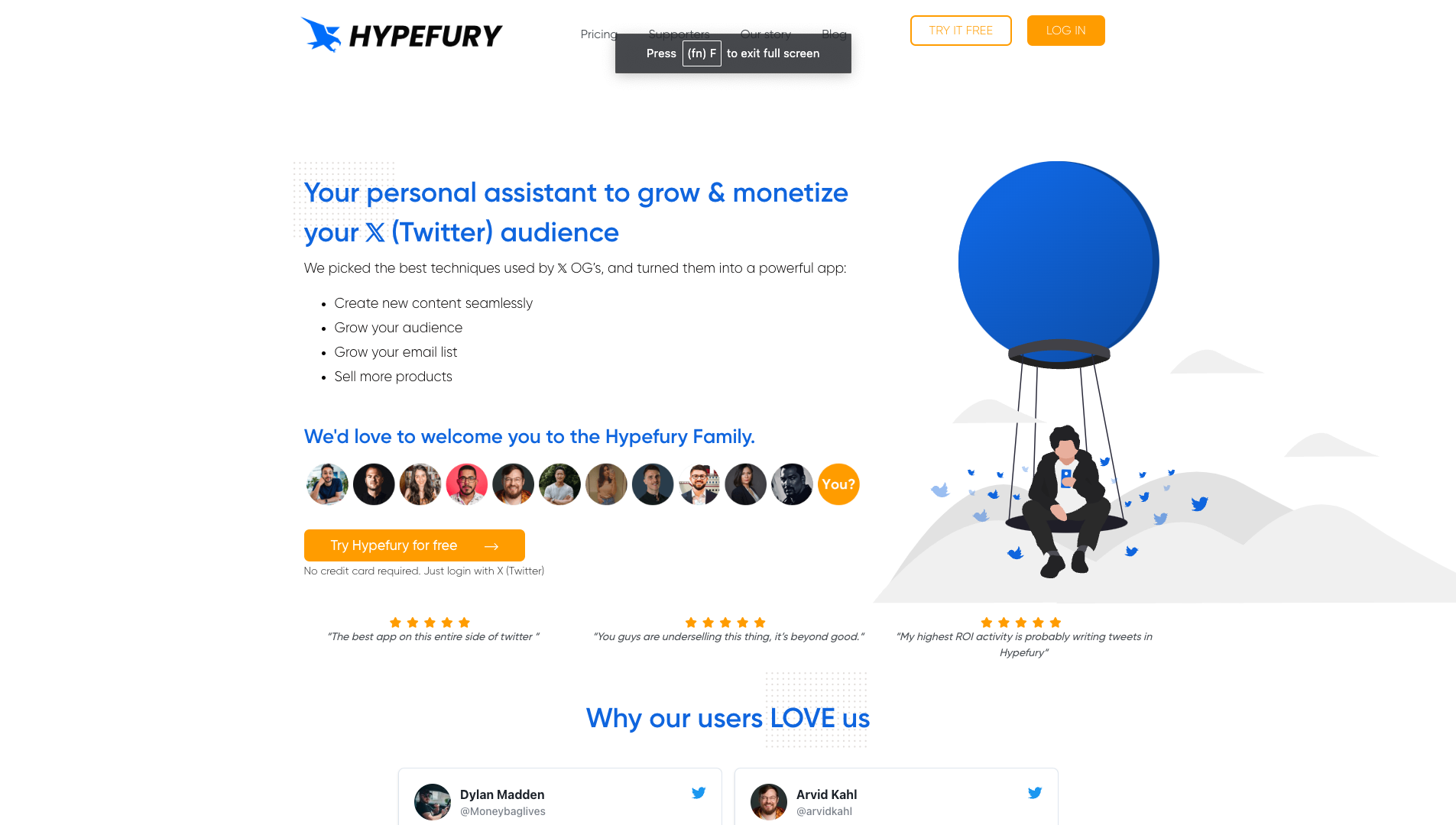 Screenshot of the Hypefury website