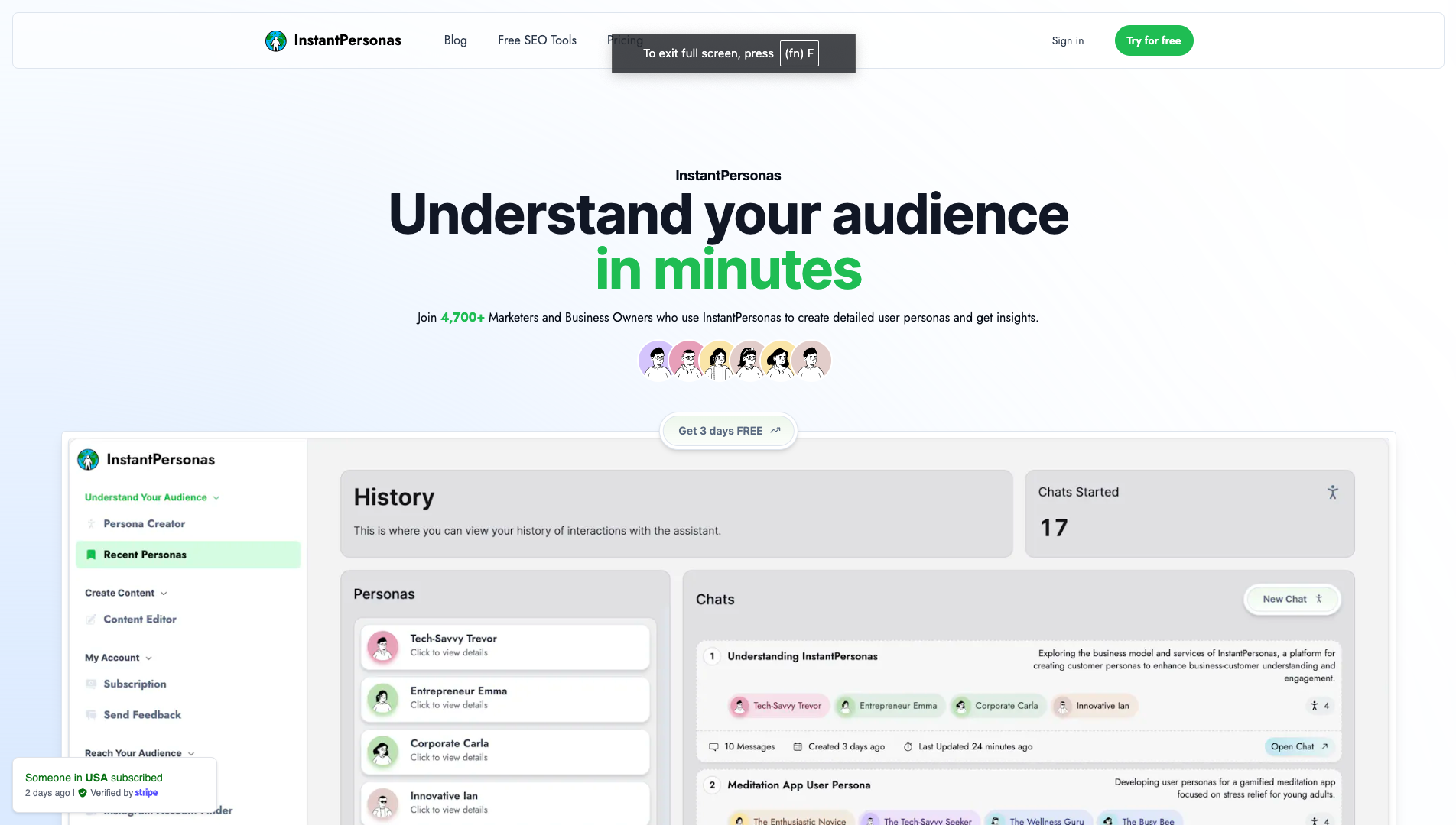 Screenshot of the InstantPersonas website