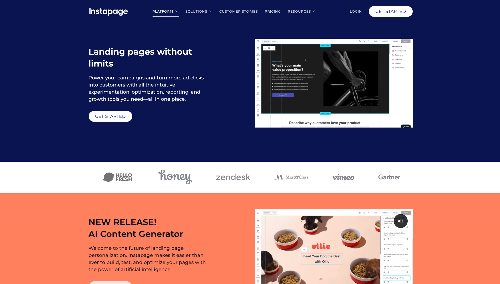 Screenshot of the Instapage website