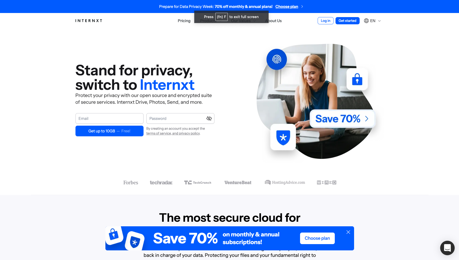 Screenshot of Internxt Homepage