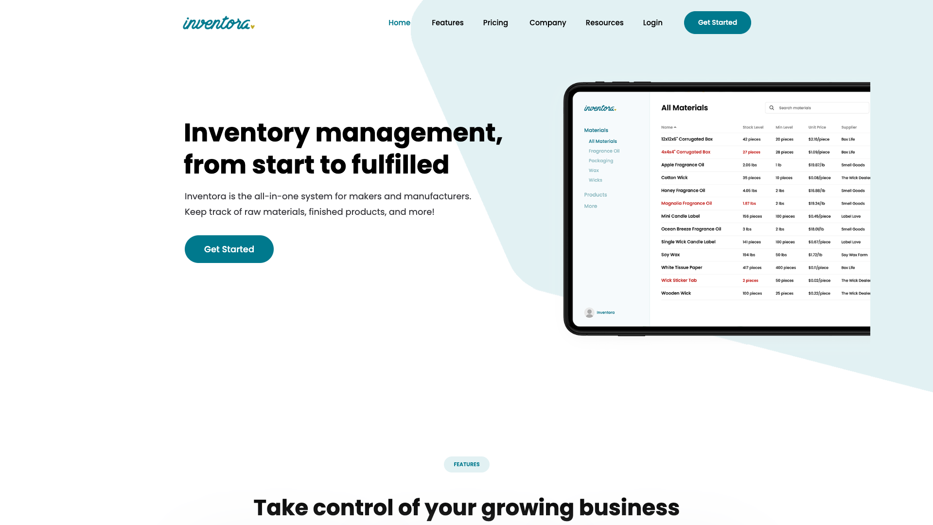 Screenshot of the Inventora website