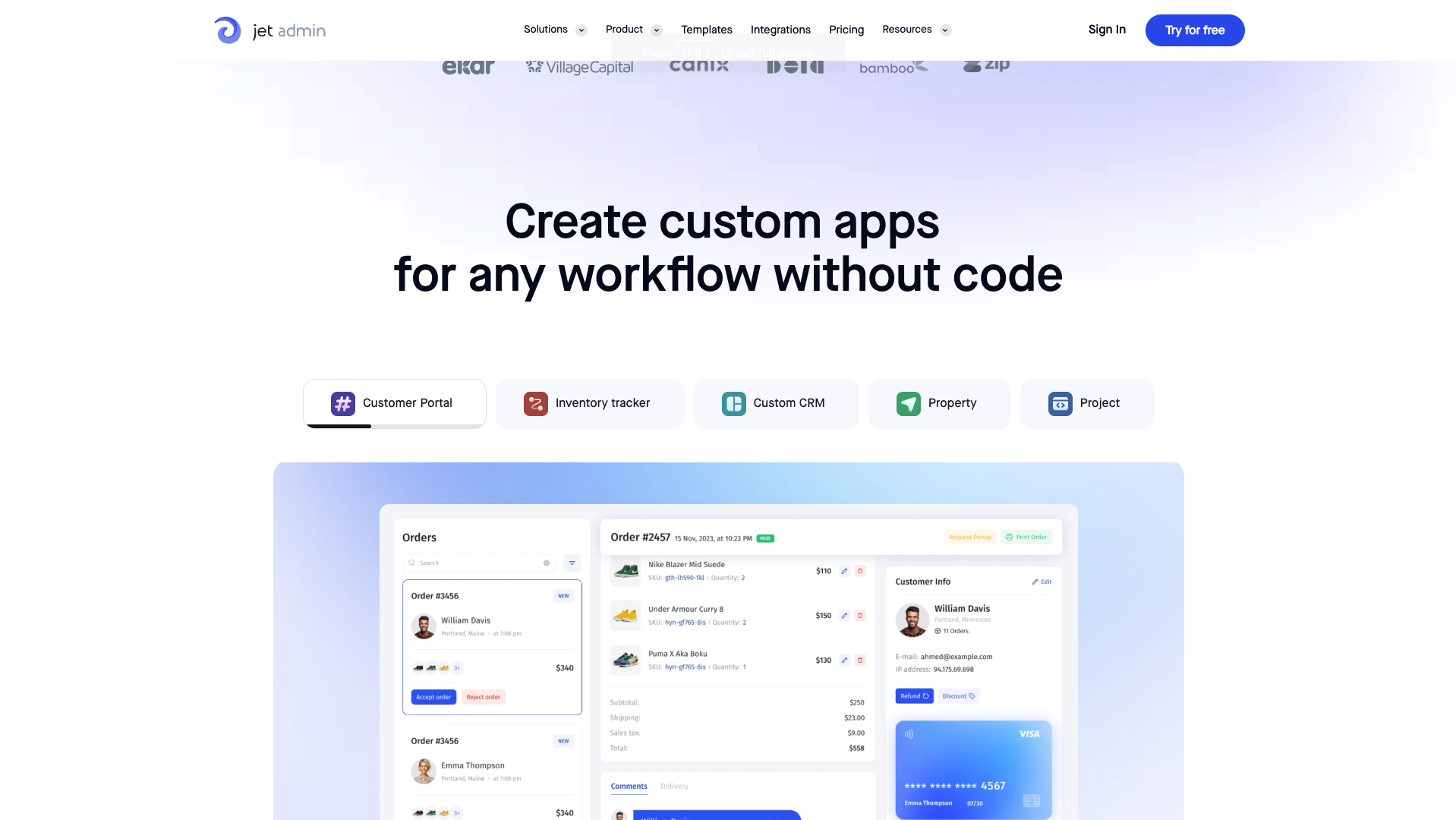 Screenshot of the Jet Admin website