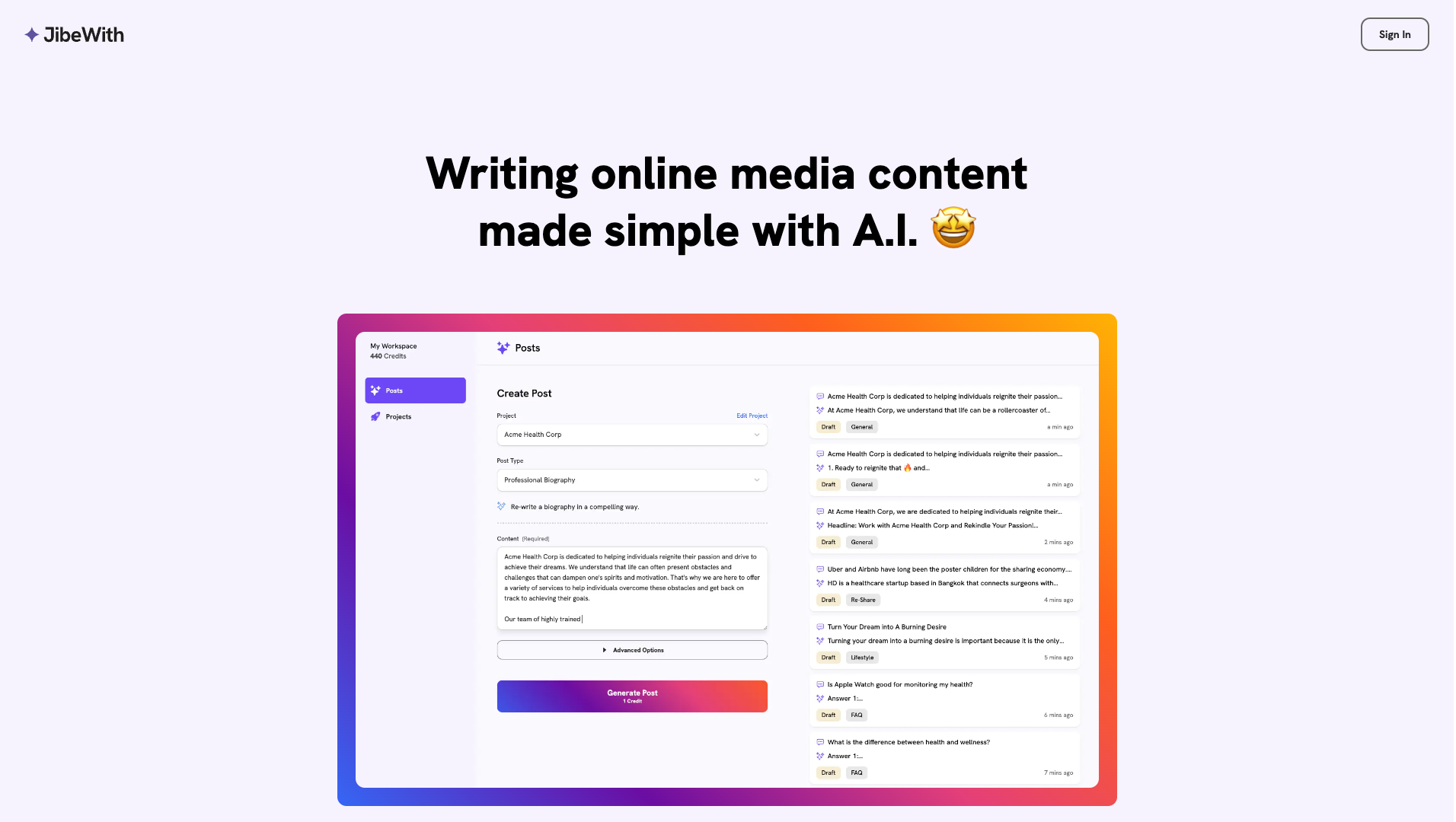 Screenshot of the Jibewith website