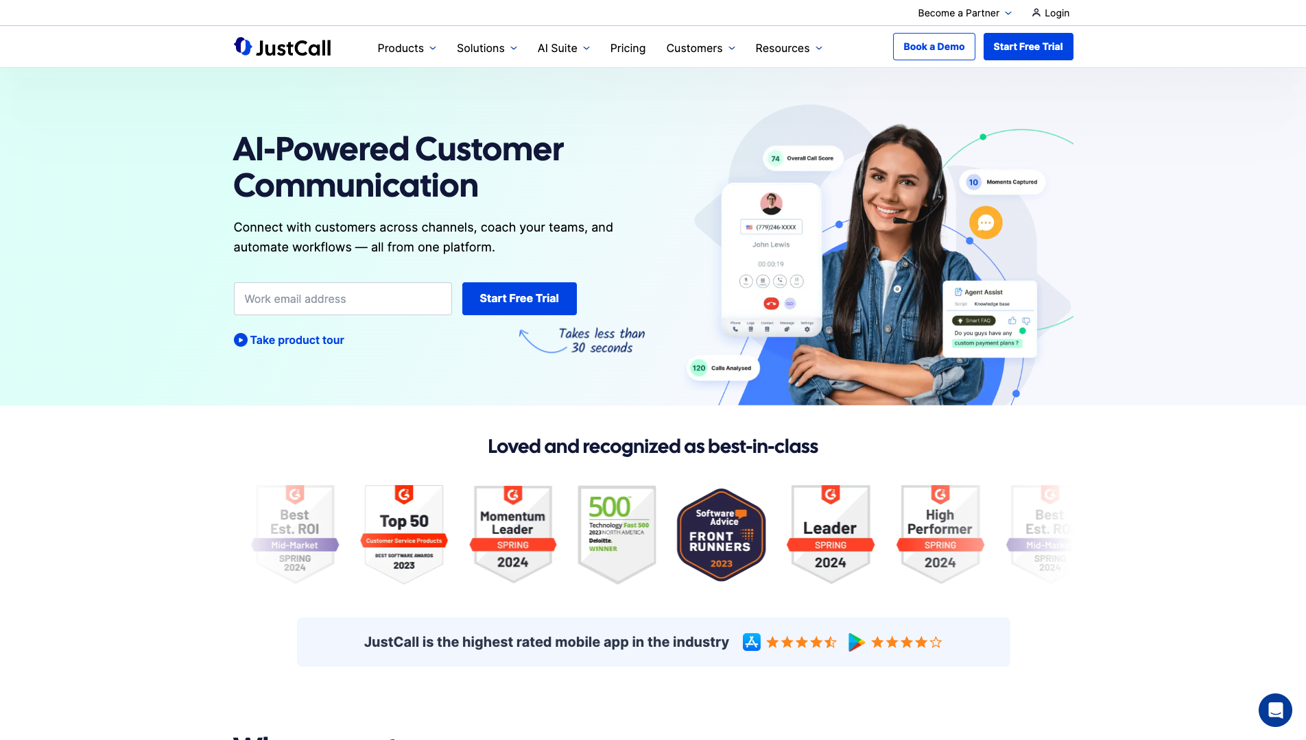 Screenshot of the JustCall website