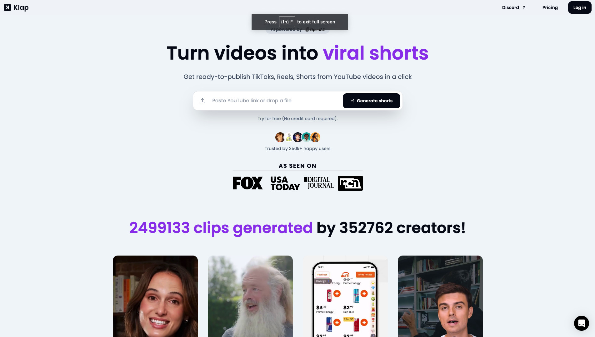 Screenshot of the Klap website