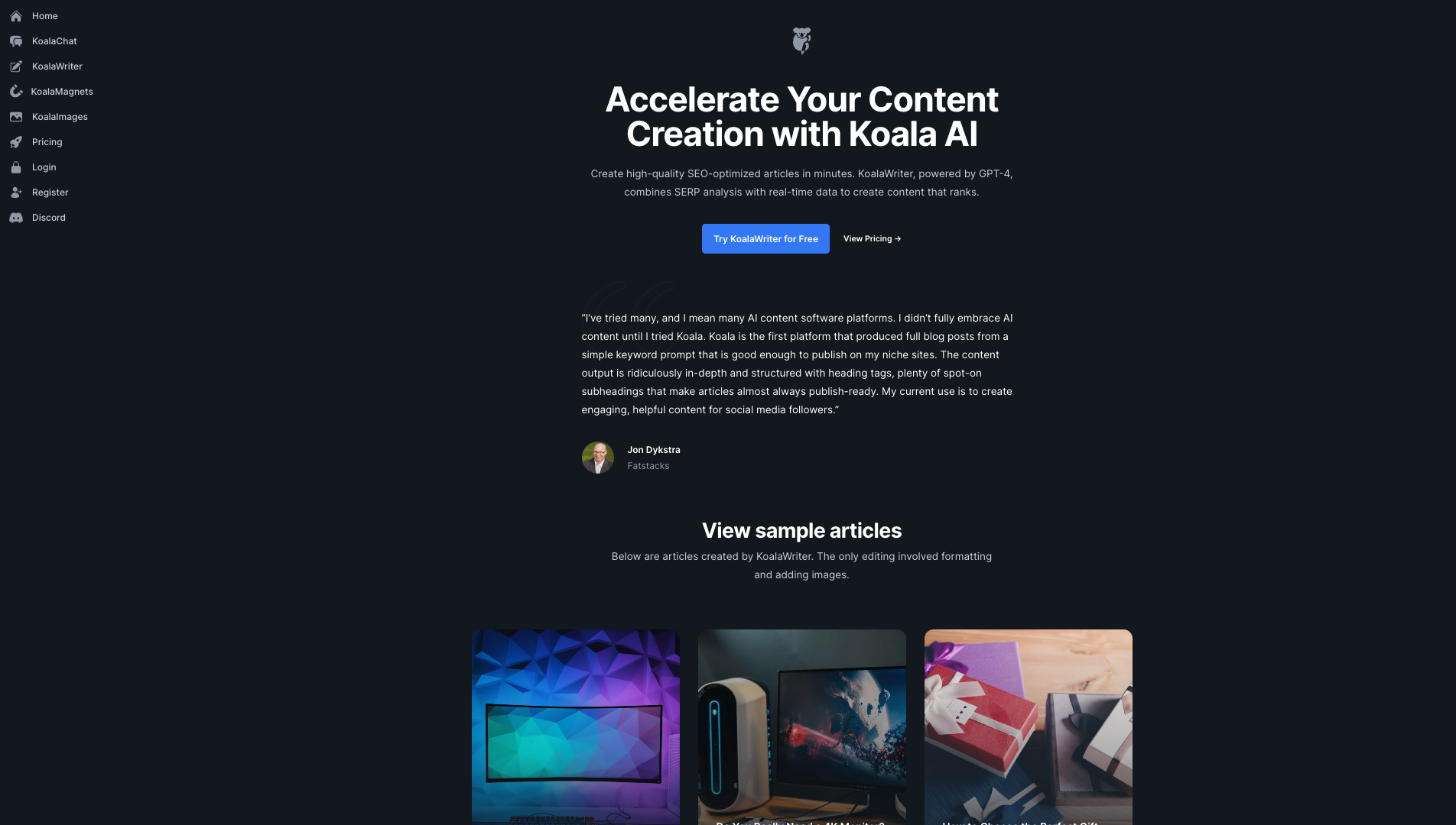 Screenshot of the Koala.sh website