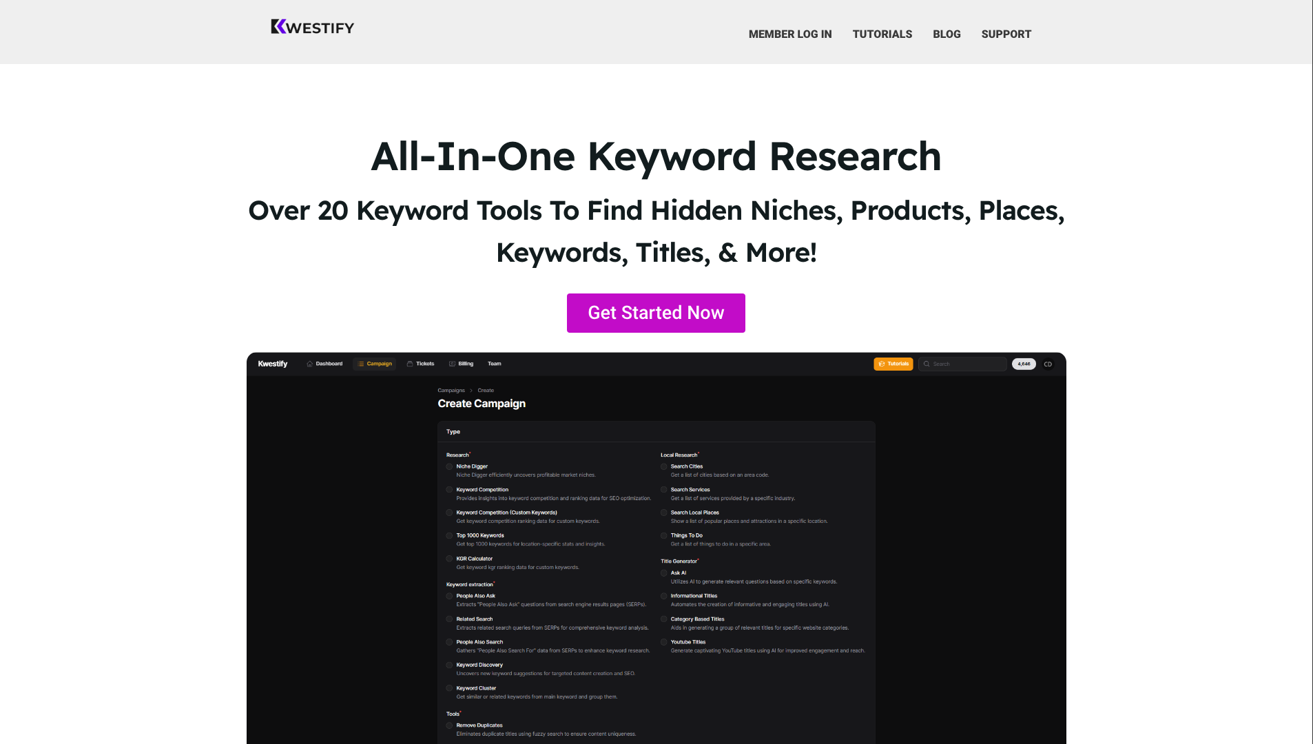 Screenshot of the Kwestify website