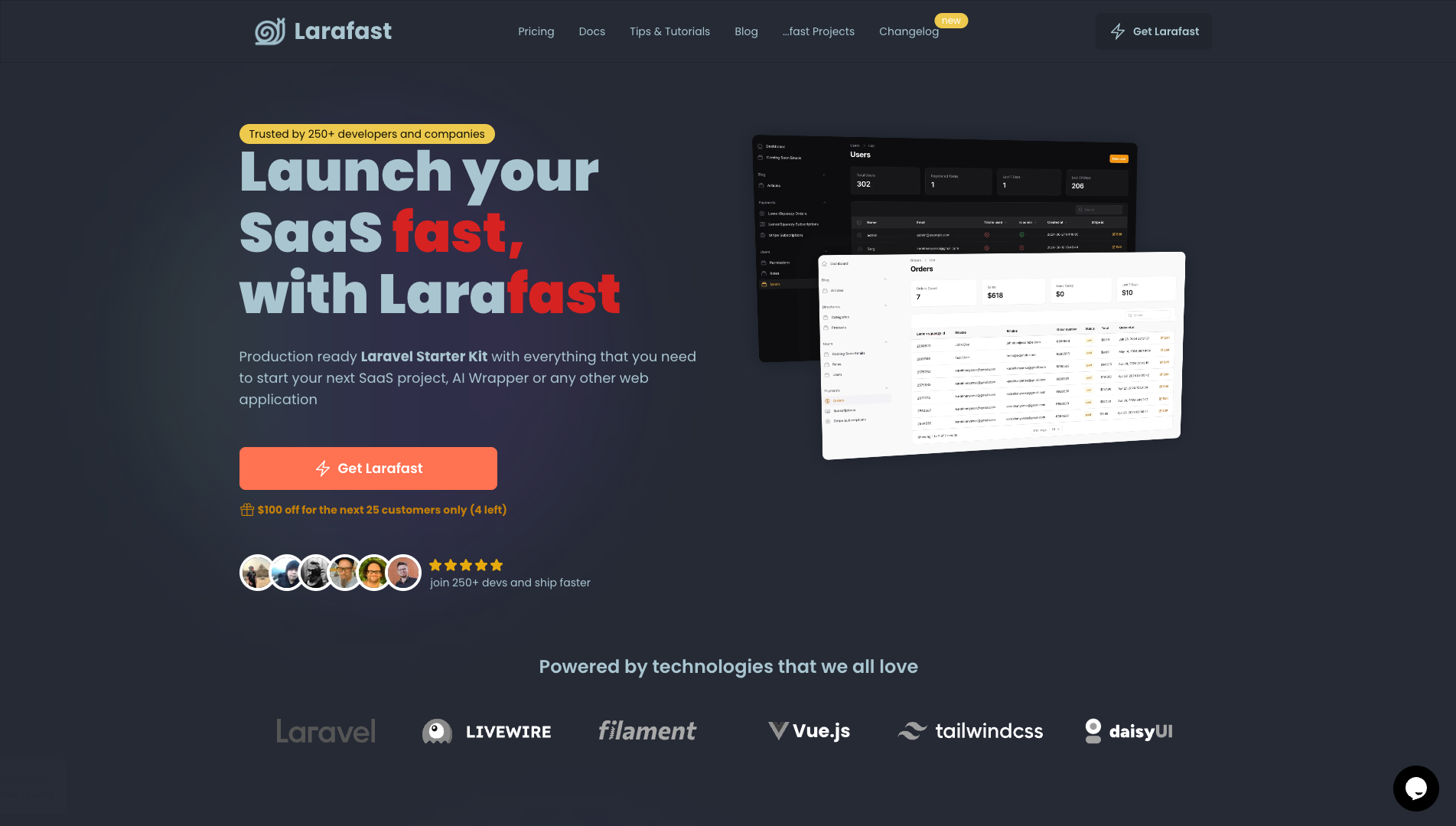 Screenshot of Larafast Homepage