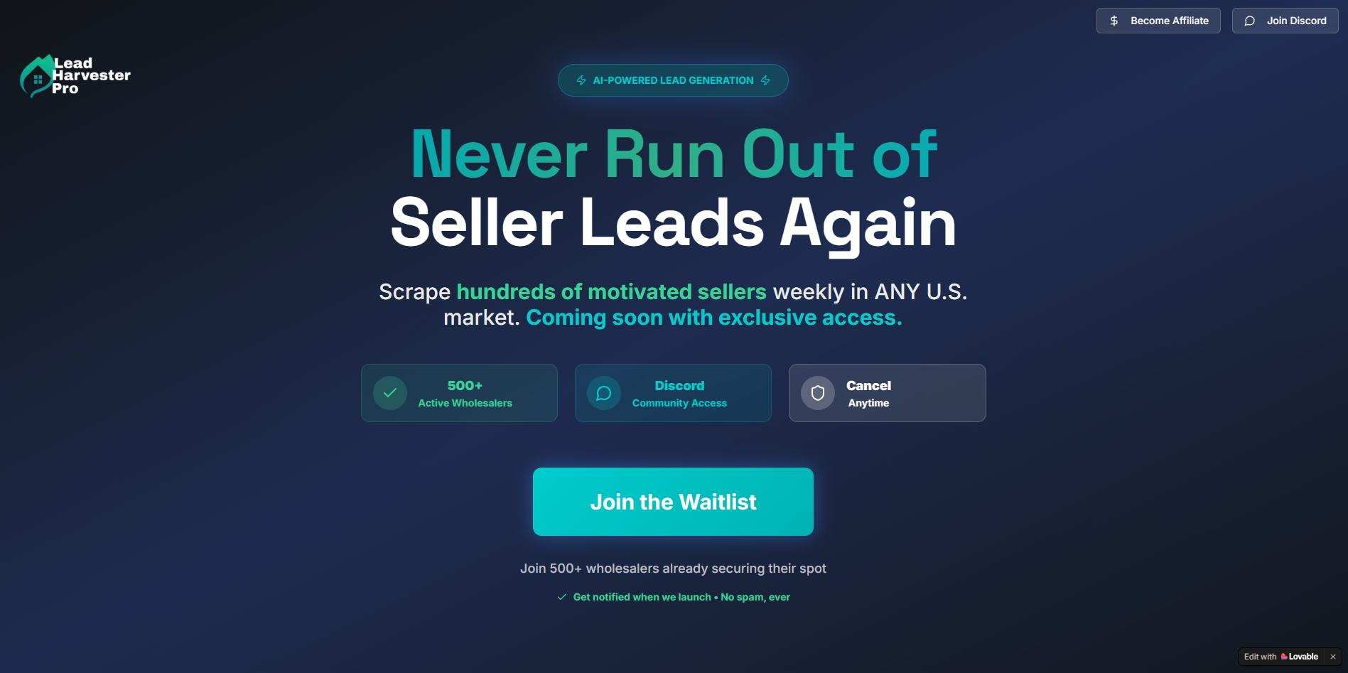 Screenshot of the Lead HarvestPro website