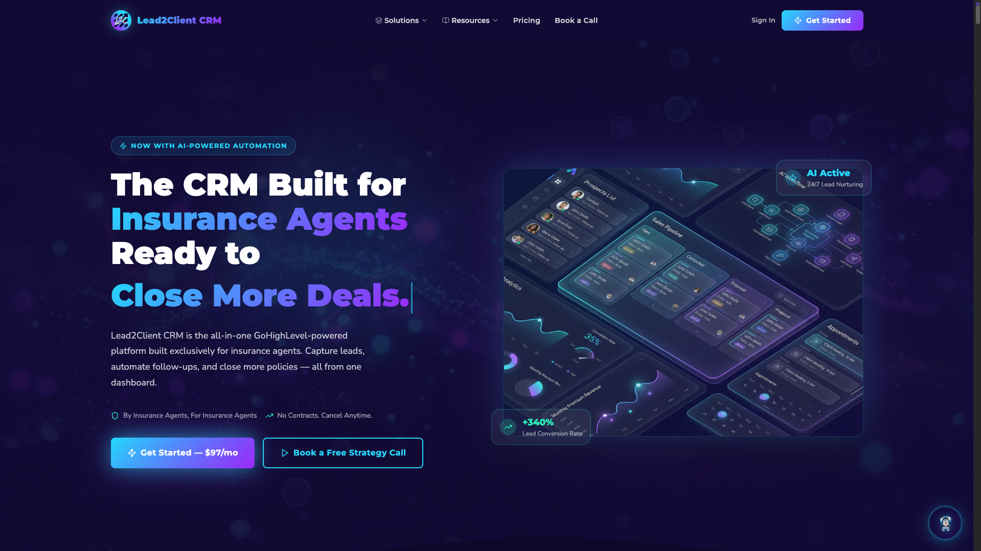 Screenshot of the Lead2Client CRM website