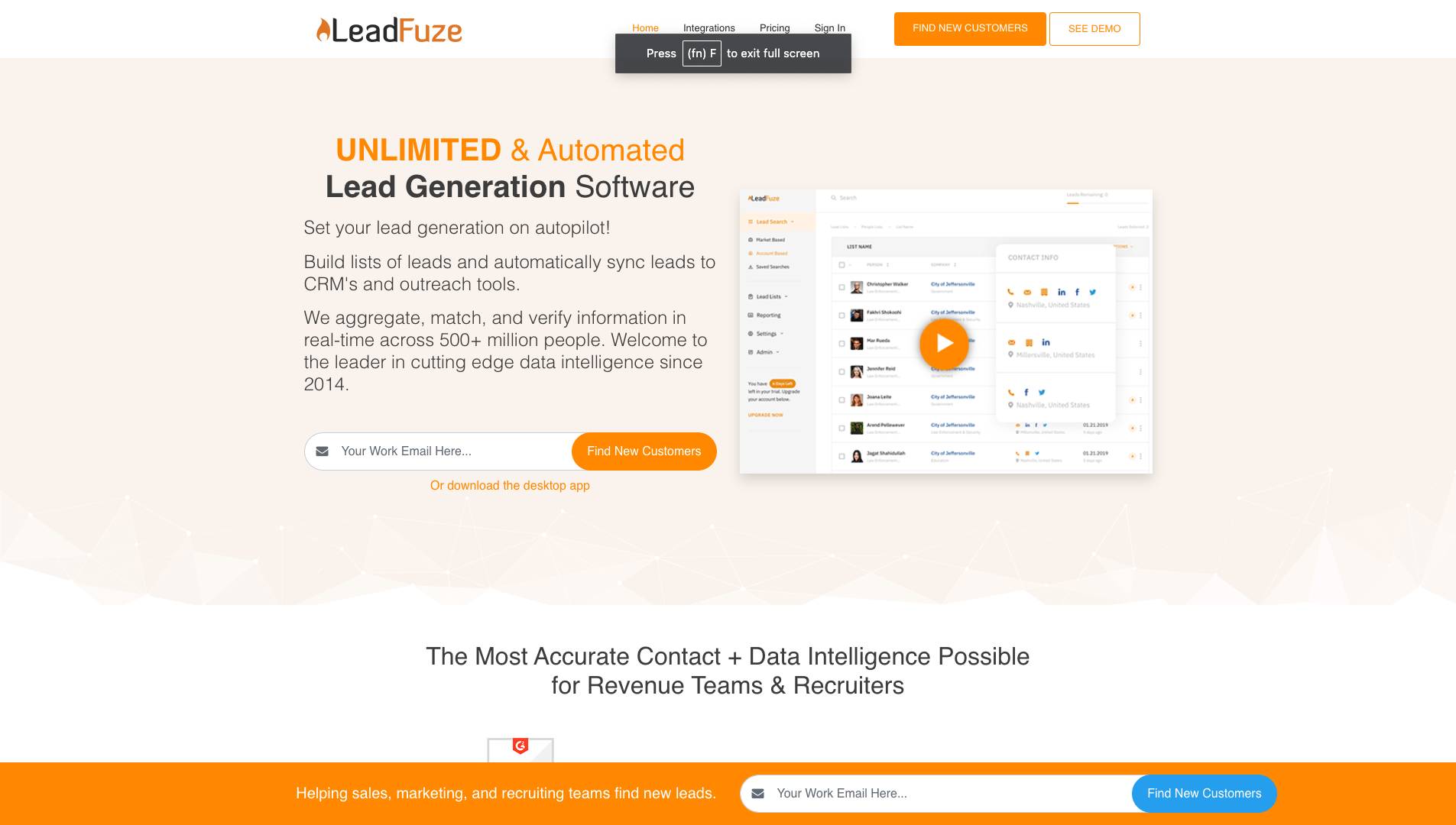 Screenshot of the LeadFuze website