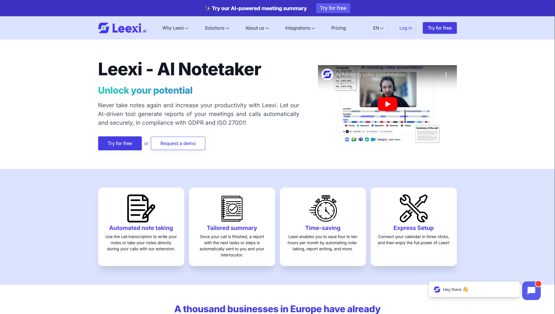 Screenshot of Leexi Homepage