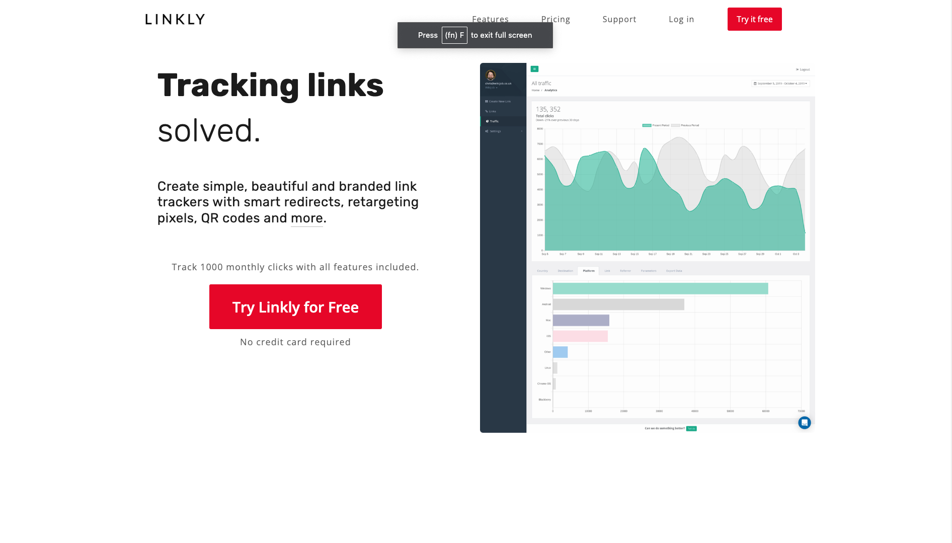 Screenshot of the Linkly website