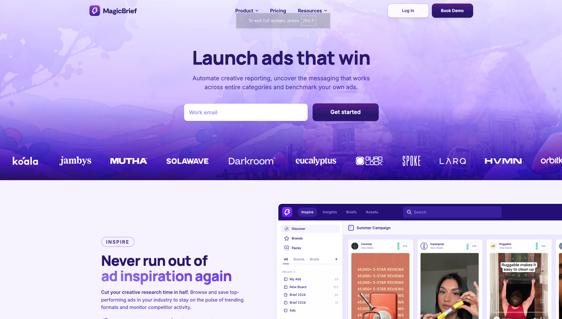 Screenshot of the MagicBrief website